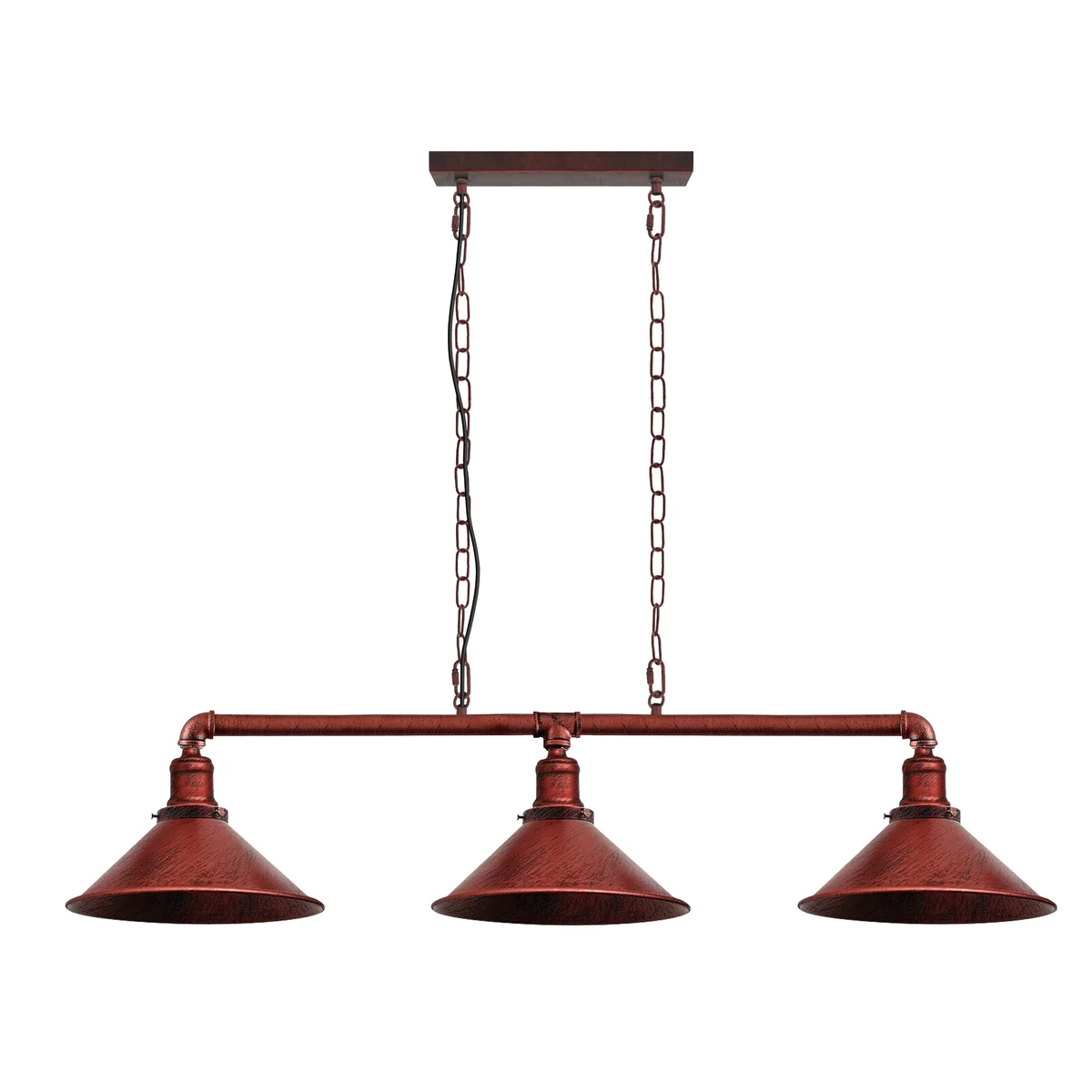 Vintage ceiling pendant light with three metal water pipe lamps in brushed copper finish hanging from ceiling