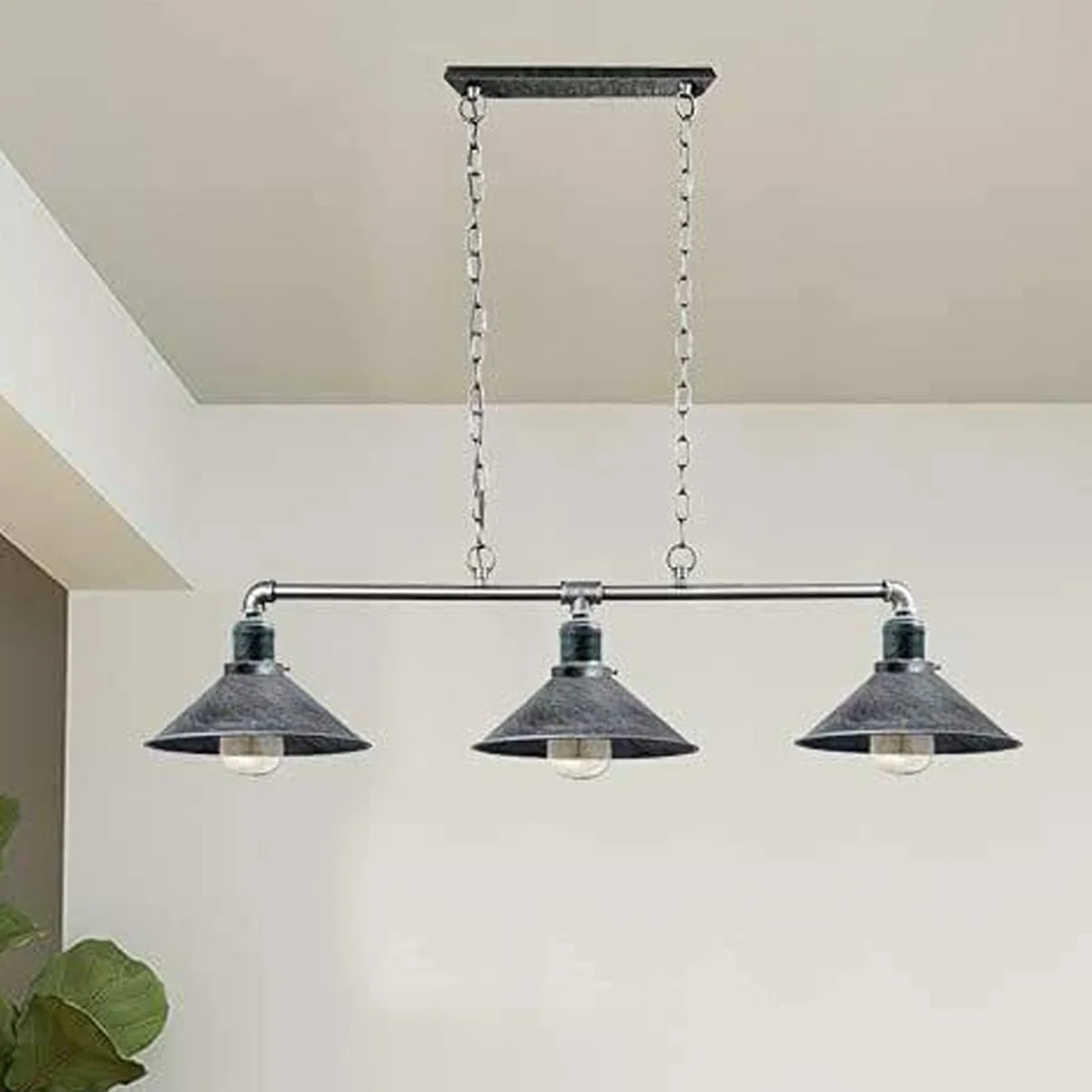 Three-lamp industrial vintage light fitting made of metal and water pipe, hanging ceiling pendant in brushed copper finish