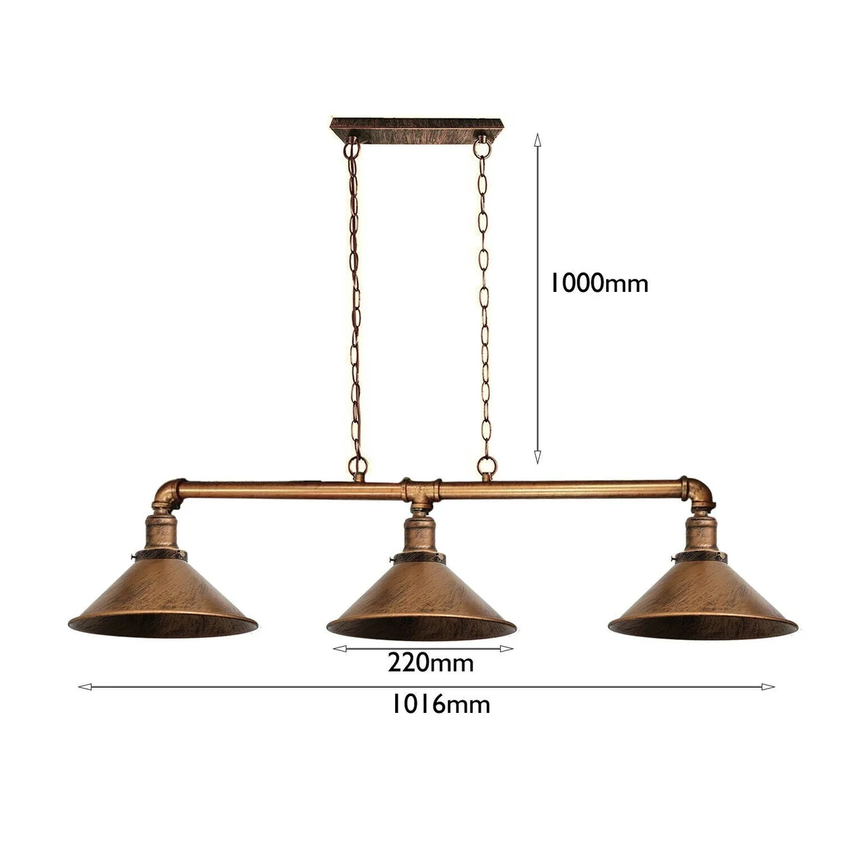 Three-lamp metal pipe pendant lamp in brushed copper finish hanging from ceiling with exposed bulbs and industrial style