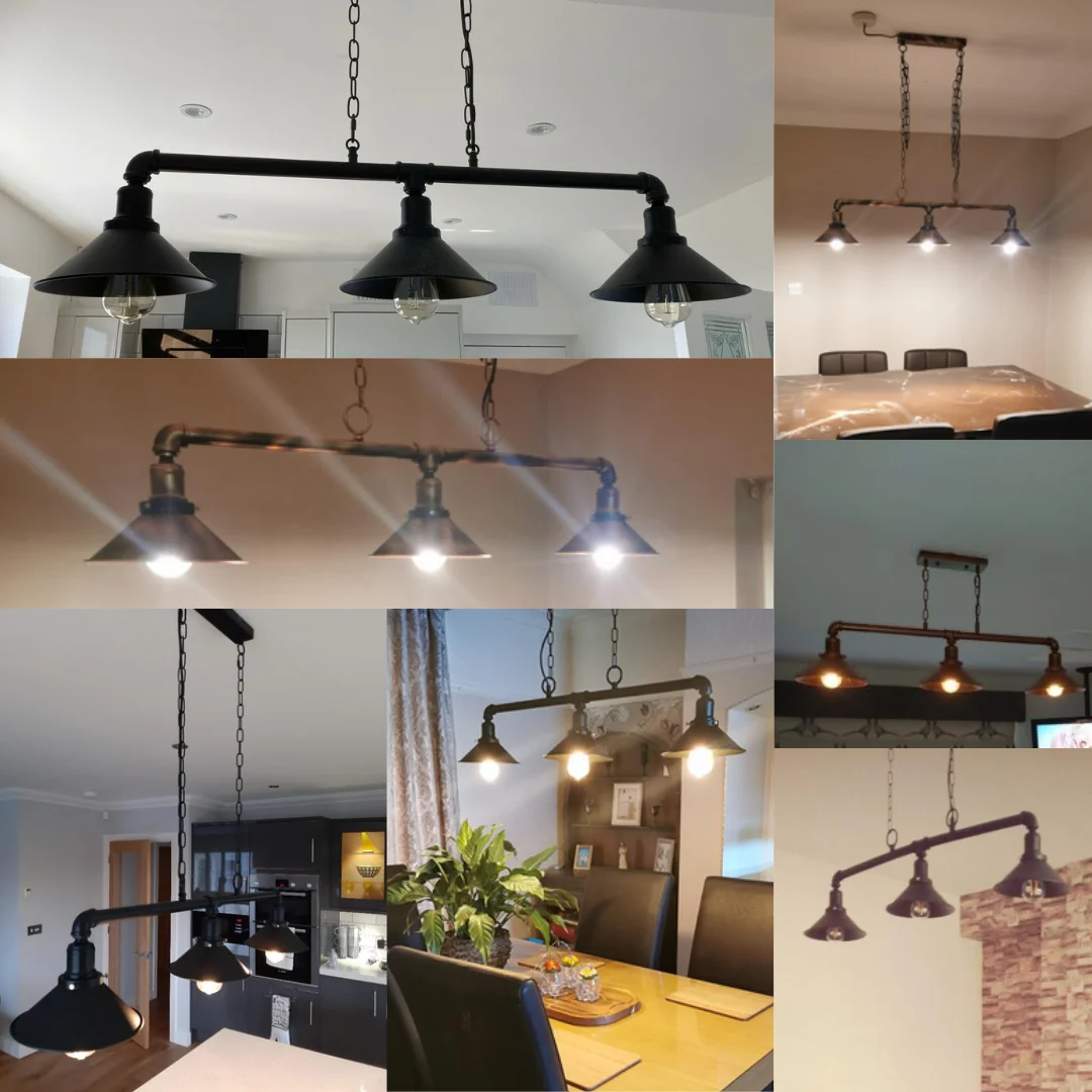 Rustic 3 lamp ceiling light with metal water pipe design in brushed copper finish, vintage industrial style pendant fixture