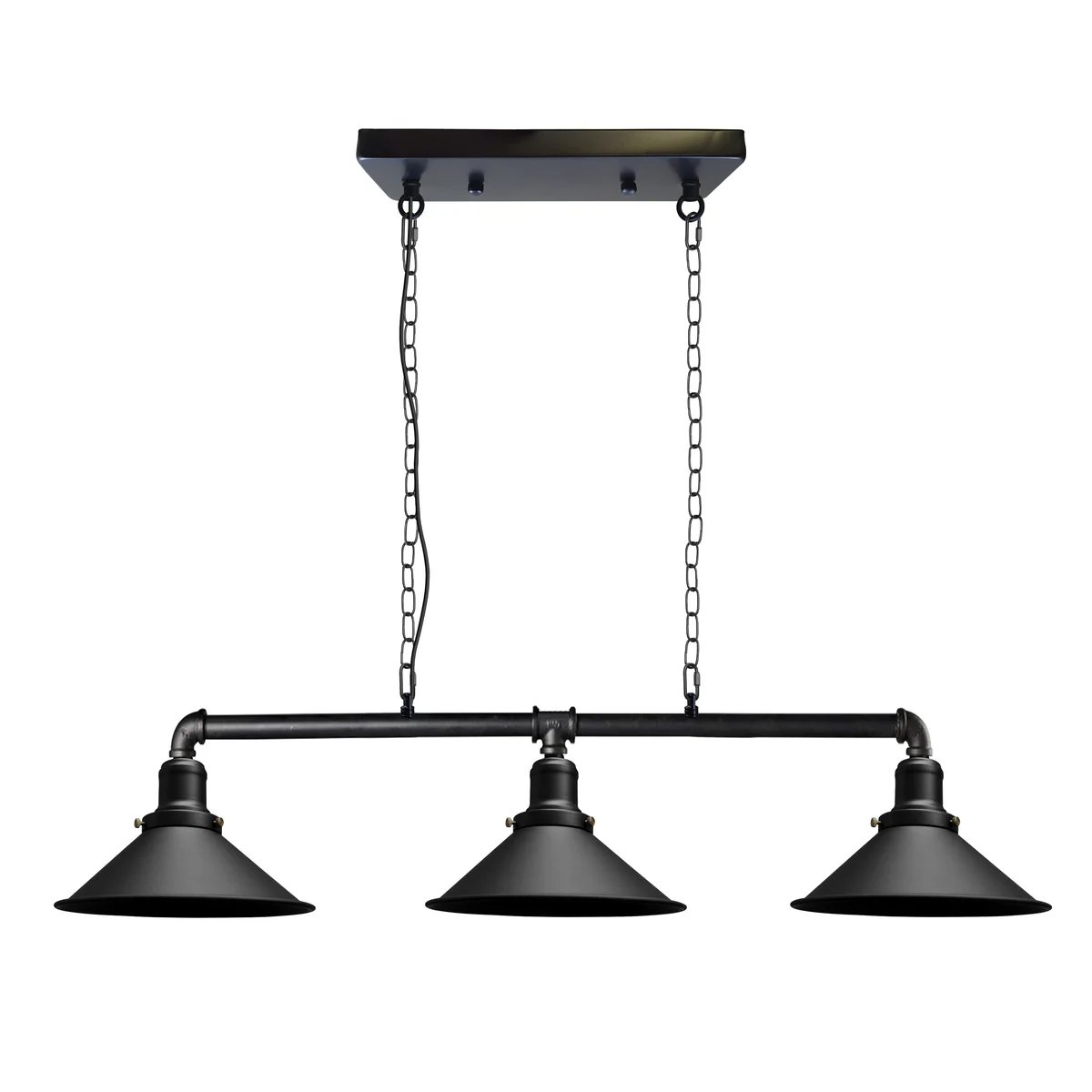 Three-lamp vintage ceiling pendant light with metal water pipe design in brushed copper finish hanging indoors