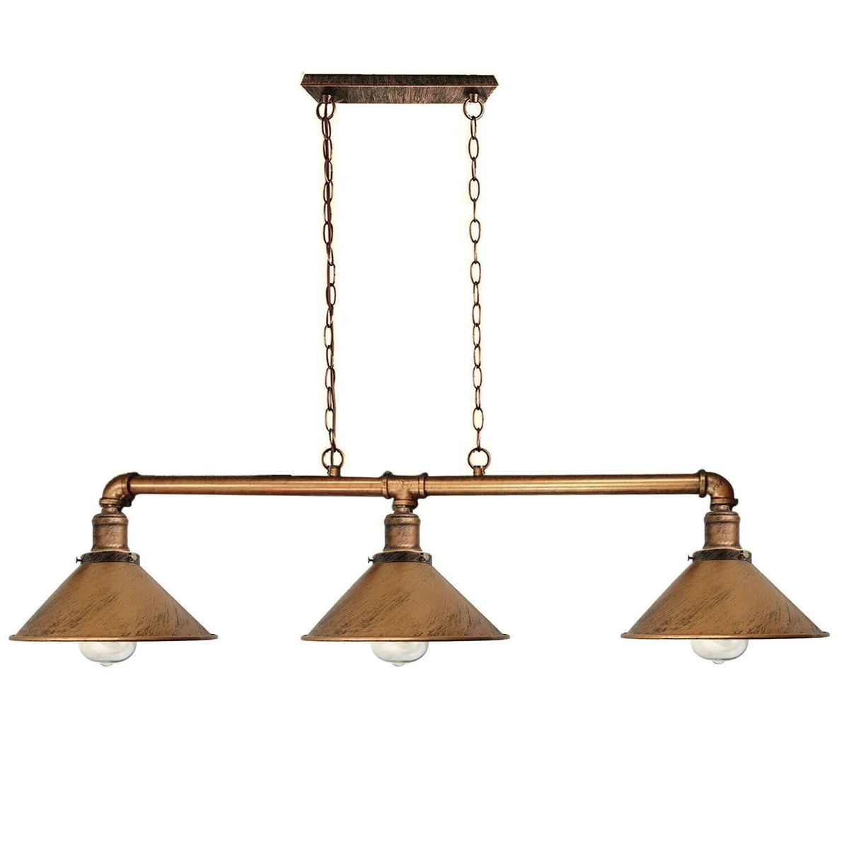 Three-lamp vintage ceiling pendant light with metal and water pipe design in rustic red finish hanging from ceiling