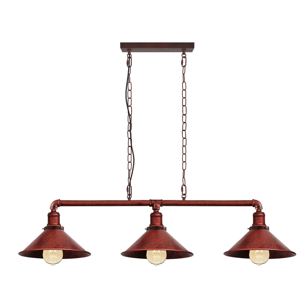Three-lamp vintage ceiling pendant light made of metal and water pipe in rustic red, hanging from ceiling with exposed bulbs