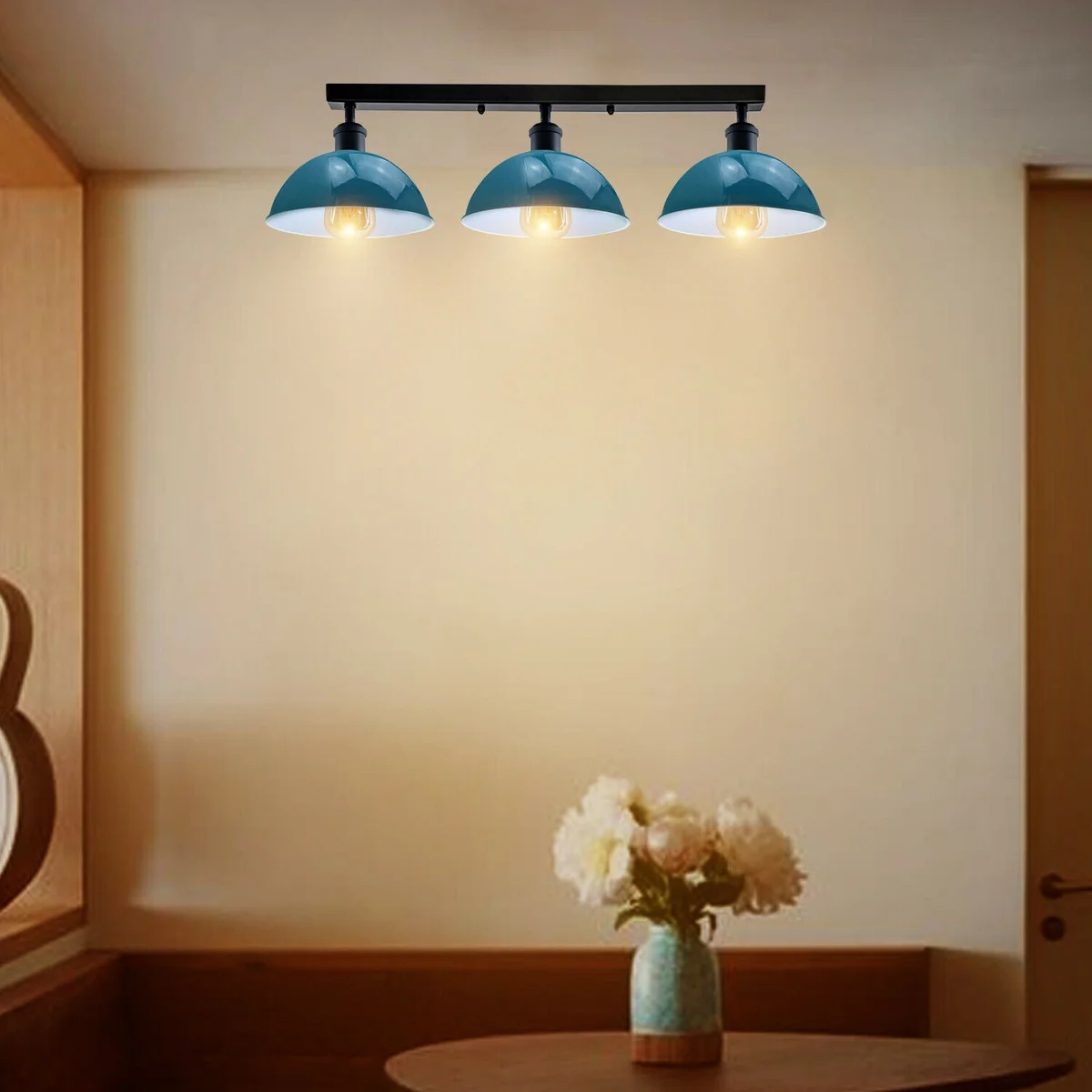 Retro industrial metal 3 way ceiling light with three scone cup lamp holders hanging from ceiling fixture