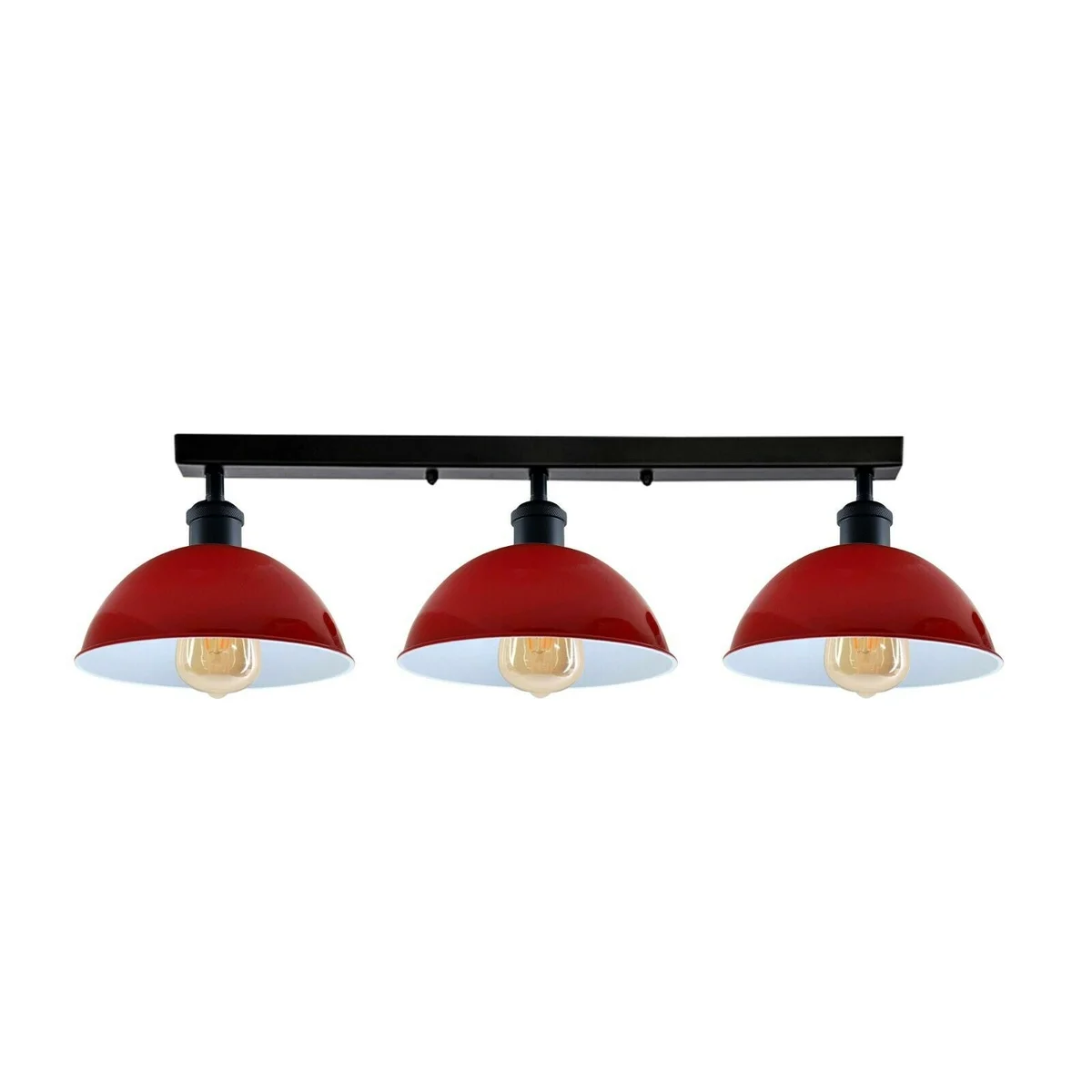 Retro hanging light with three metal scone cups in vintage industrial style, suspended from ceiling with exposed bulbs