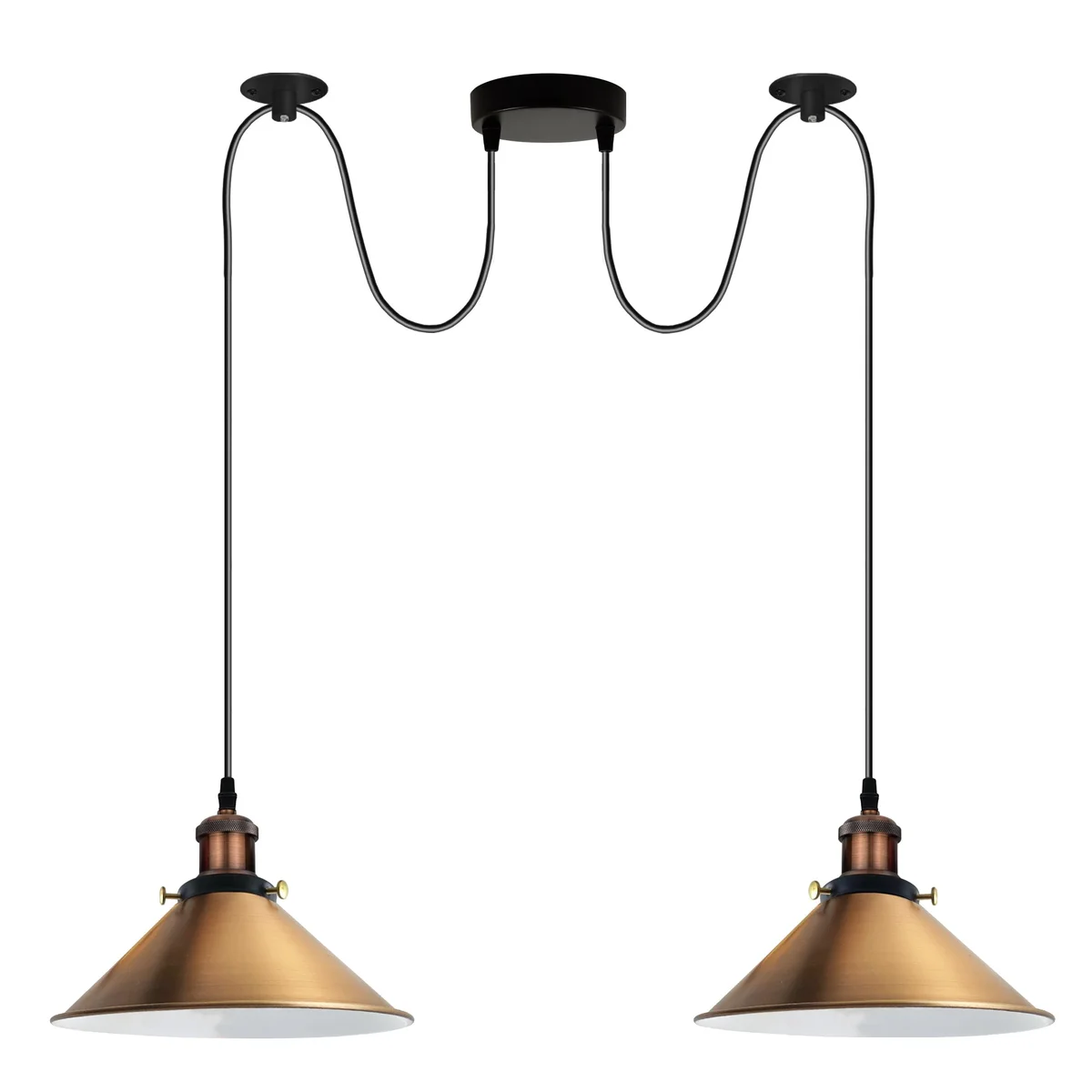 Yellow brass 2-way retro industrial ceiling lamp with E27 holders and yellow metal shades hanging on PVC cords