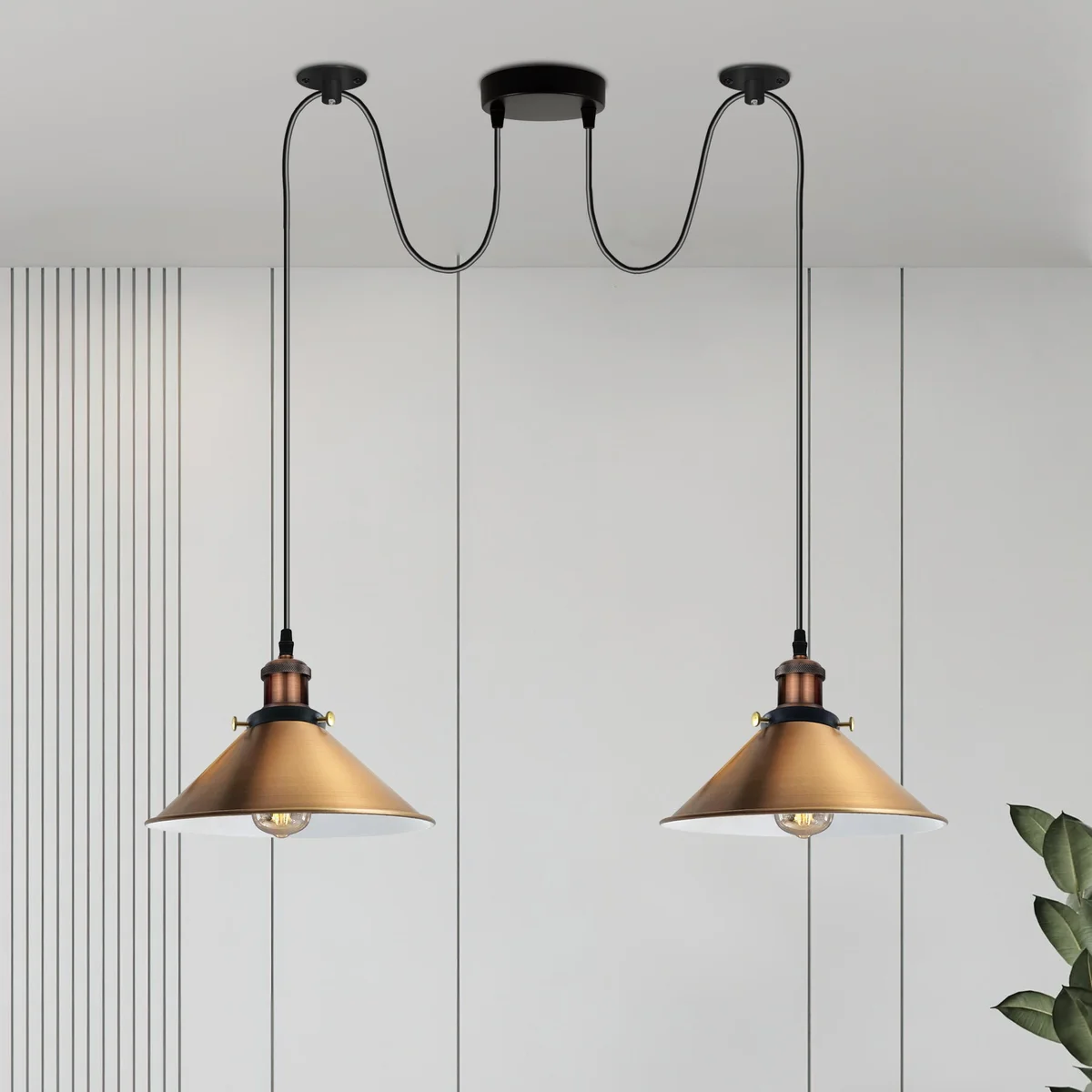 Yellow brass 2 way retro industrial E27 hanging lamp with metal shades and PVC wire for ceiling mounting