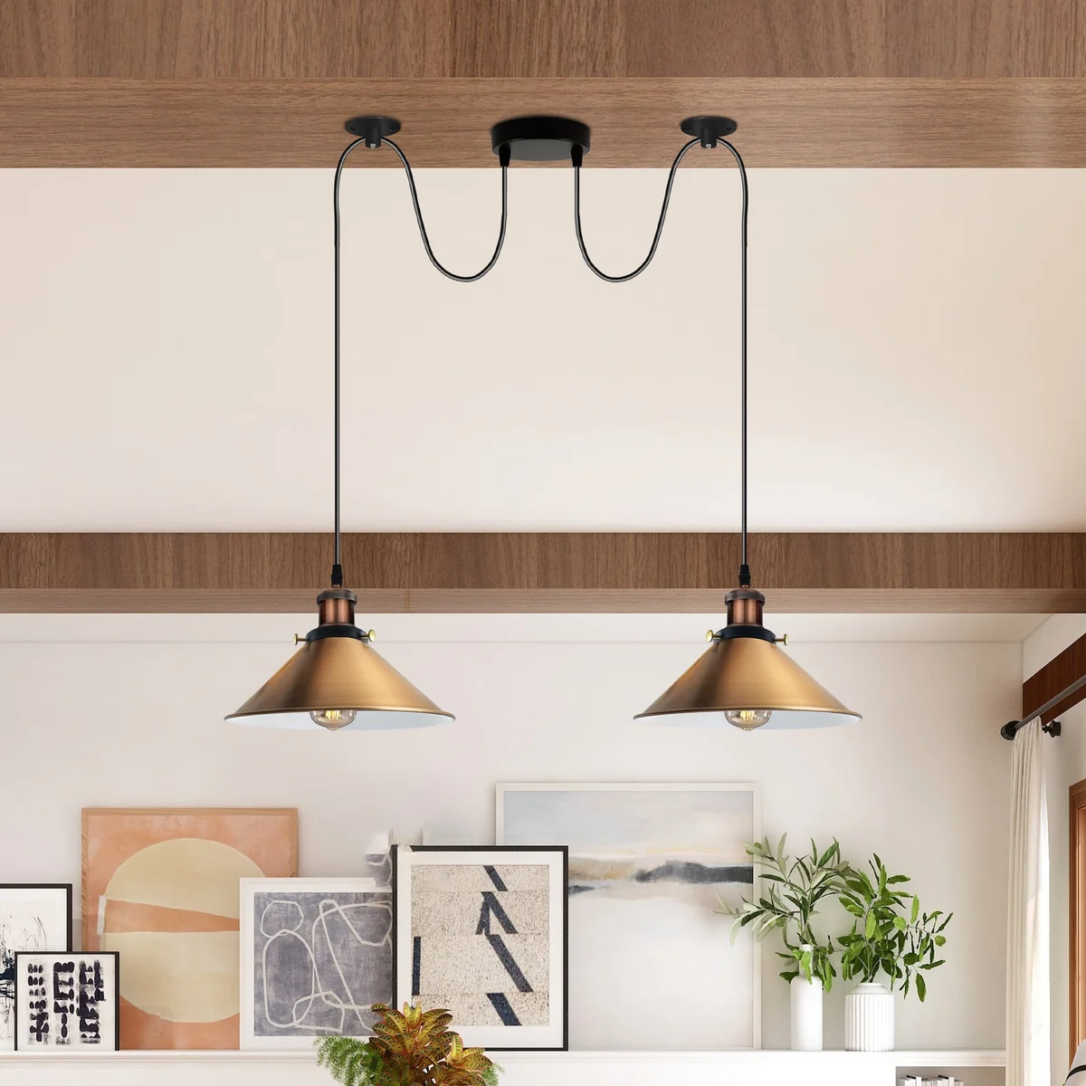 Yellow brass 2-way industrial style ceiling light with two E27 sockets and metal shades hanging from PVC cables