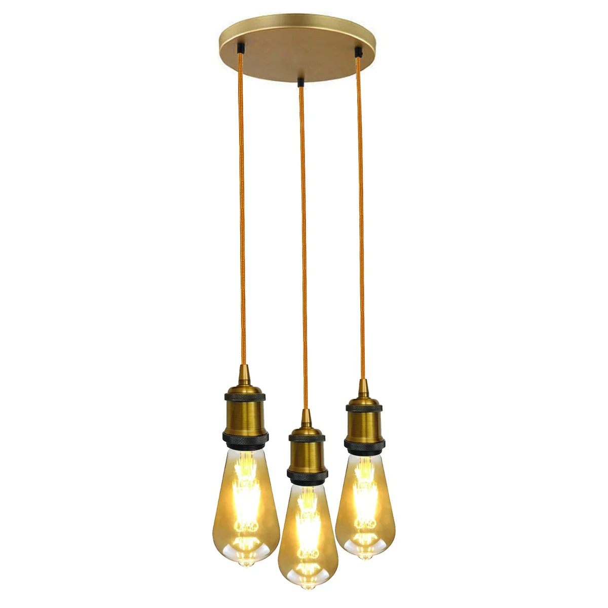 Yellow brass 3 head pendant light with braided fabric flex and three E27 lamp holders hanging from ceiling rose