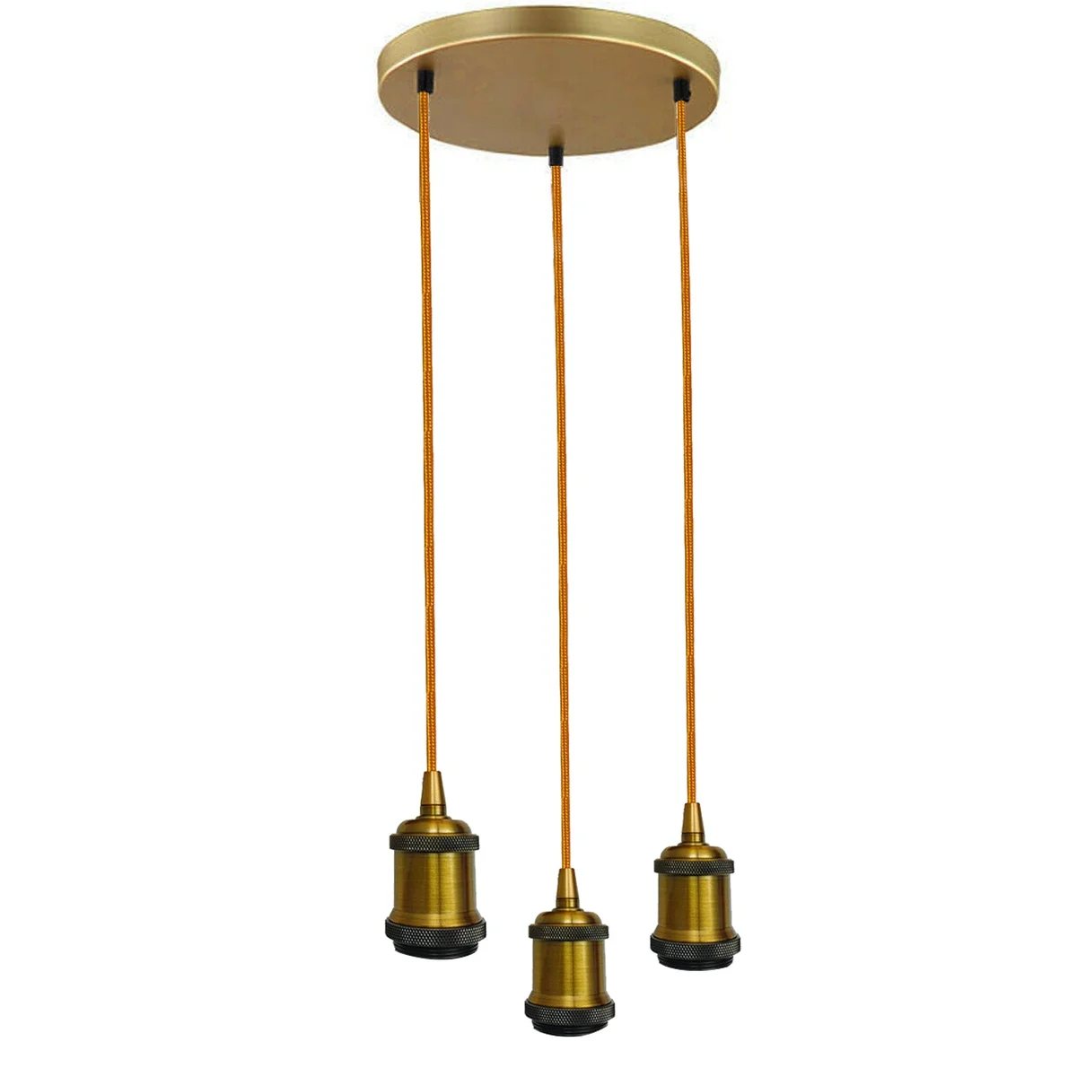 Yellow brass 3 head pendant with braided fabric flex and E27 lamp holders hanging from ceiling rose