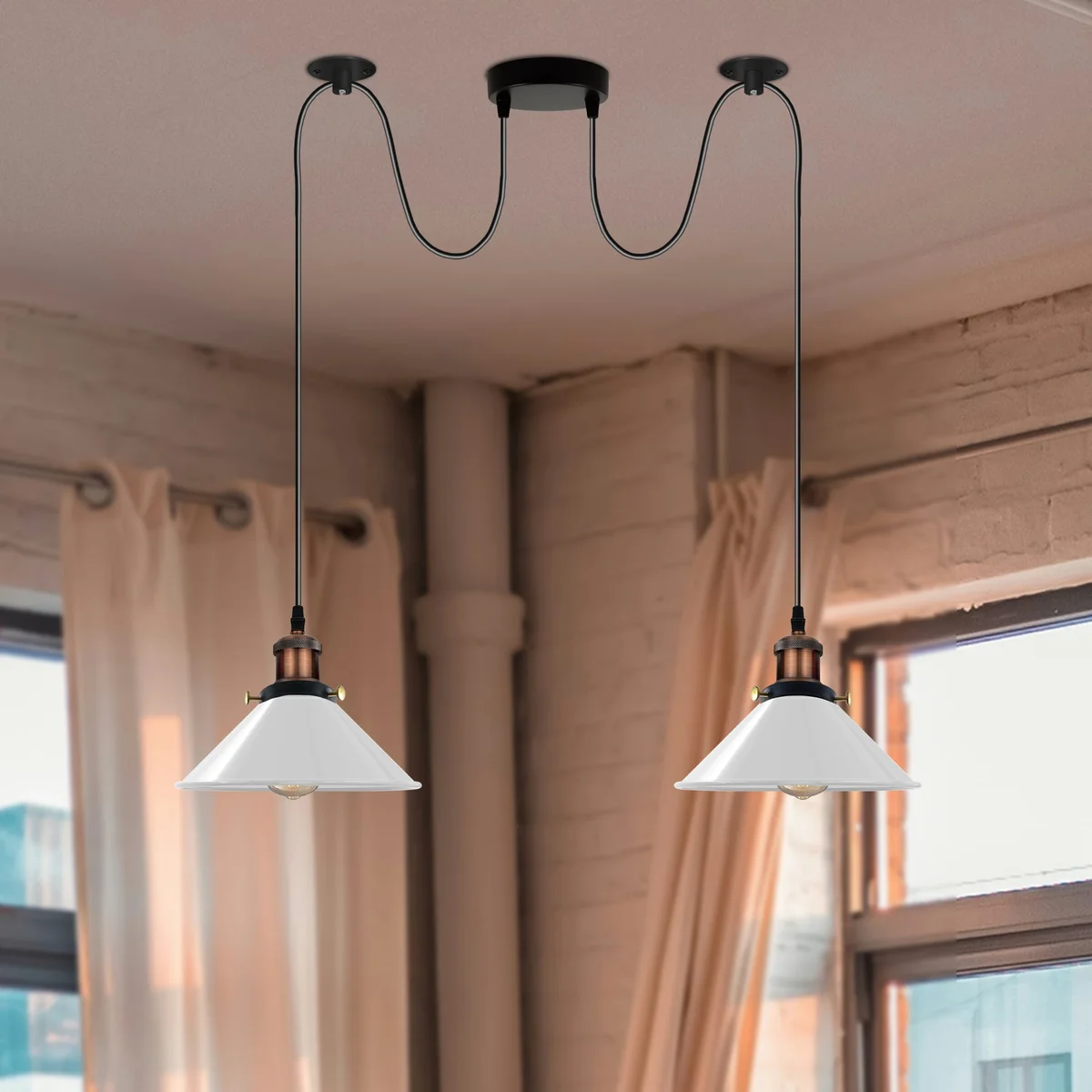 White 2 light ceiling pendant with metal and PVC shades, E27 lamp holders, and 195cm white cable hanging from ceiling plate