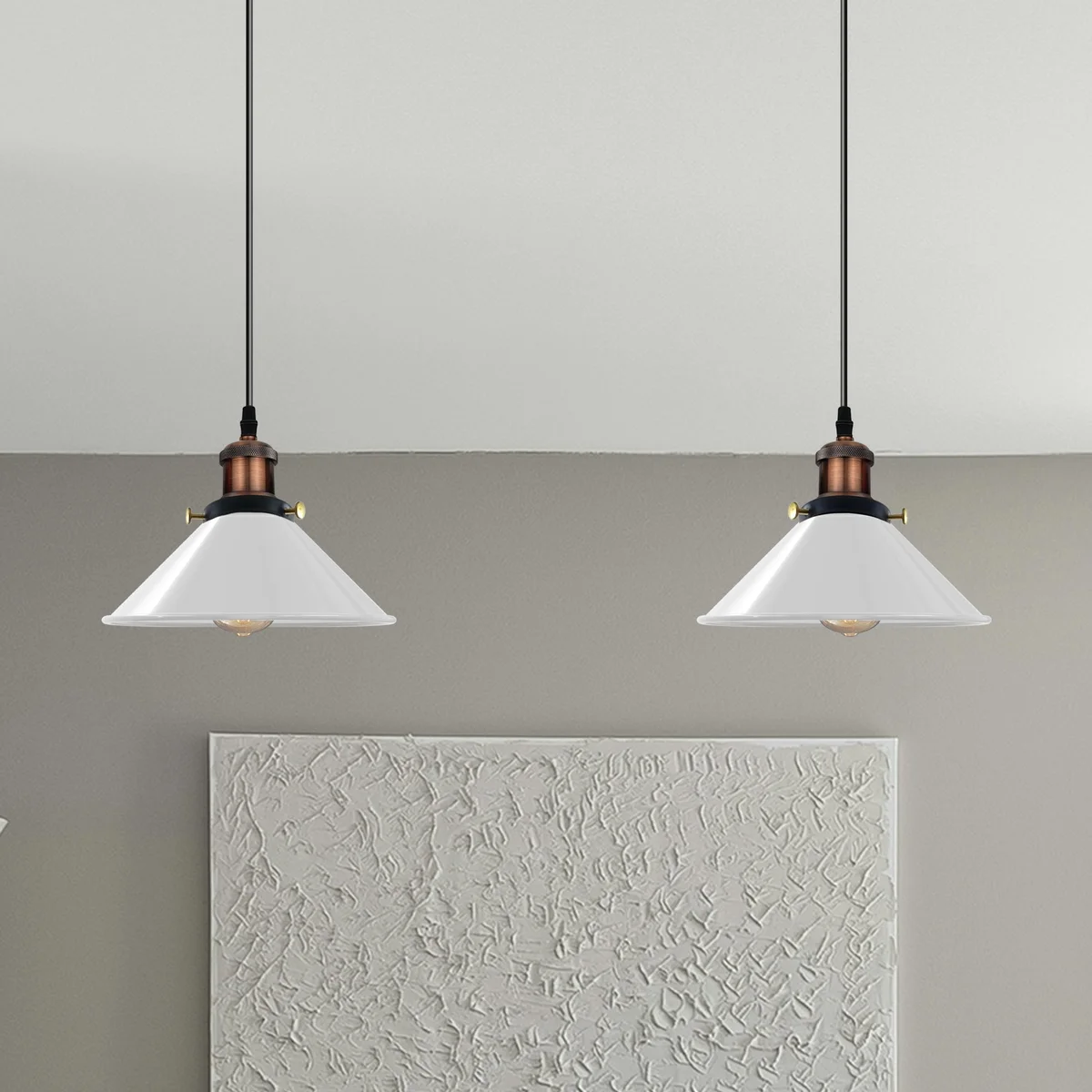 White 2 light ceiling pendant with metal and PVC shades, featuring E27 pendant light fitting and 195cm PVC cable