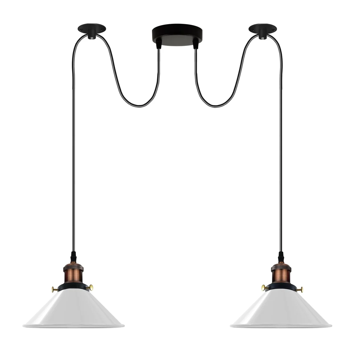 White 2 light ceiling pendant with metal and PVC pendant shades, E27 lamp holders, and 195cm PVC cable hanging from ceiling plate