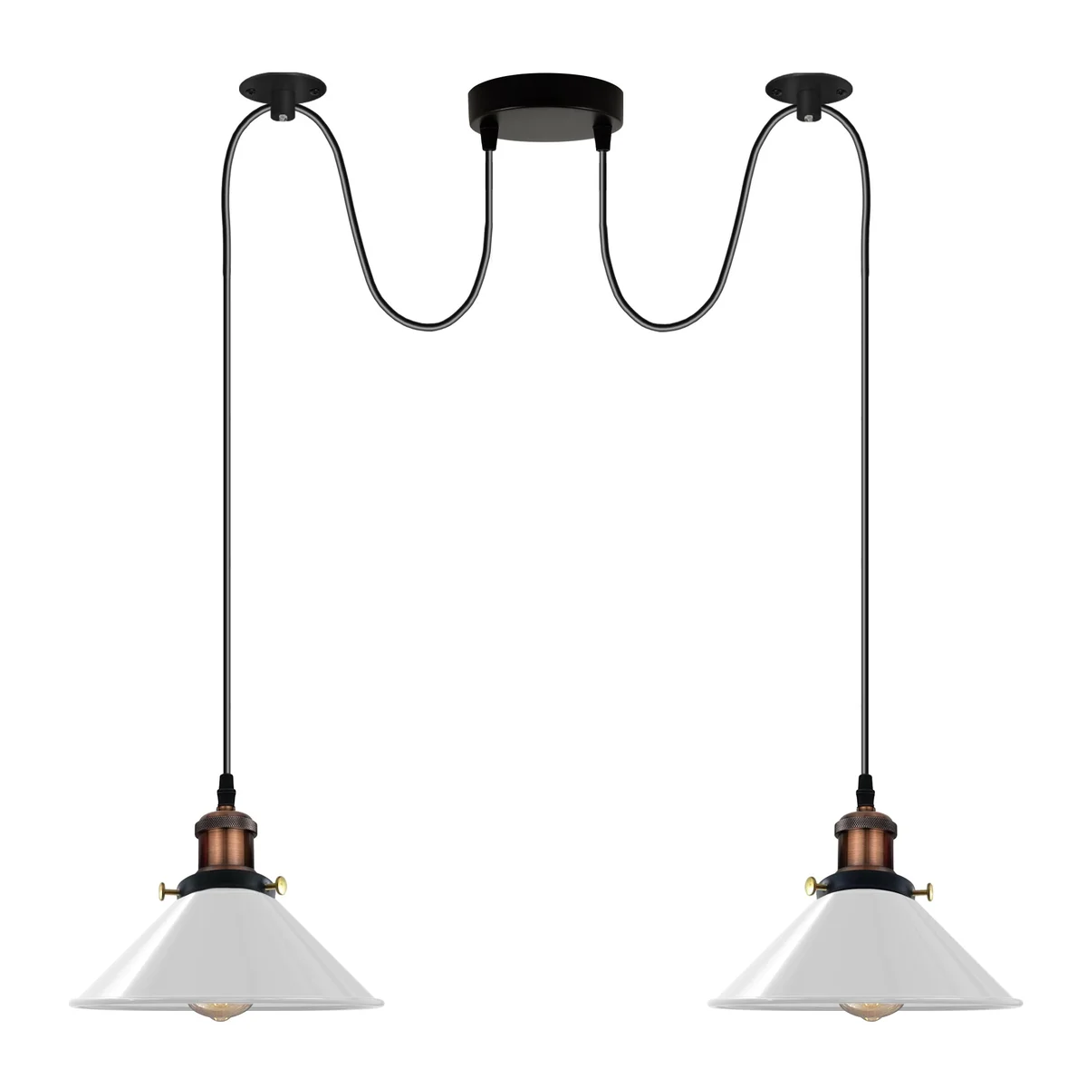 White double light ceiling lamp with two white shades, metal and PVC materials, and long hanging cables