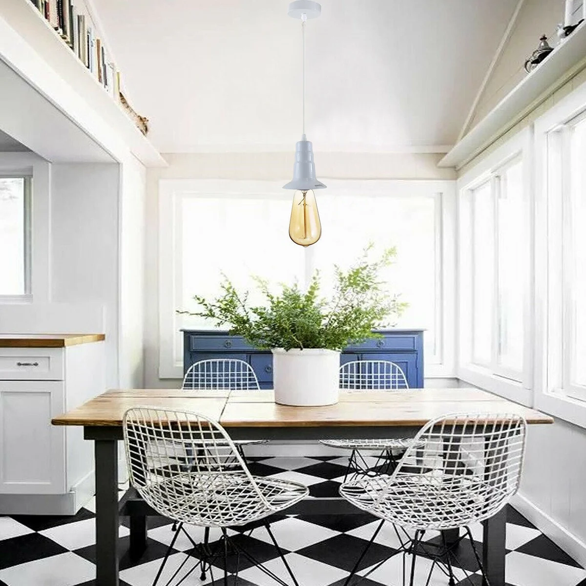 White ceiling light fitting with industrial pendant lamp design, metal and PVC materials, E27 bulb holder, 95cm wire length