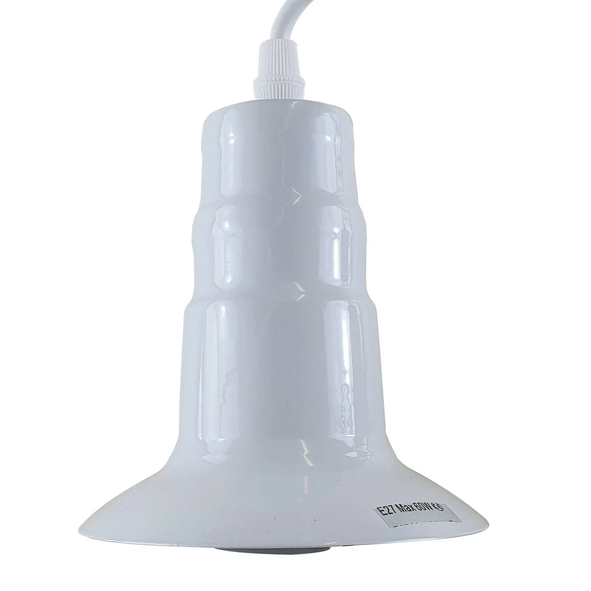 White industrial pendant lamp with E27 lamp base fitting, metal and PVC, hanging from white ceiling plate