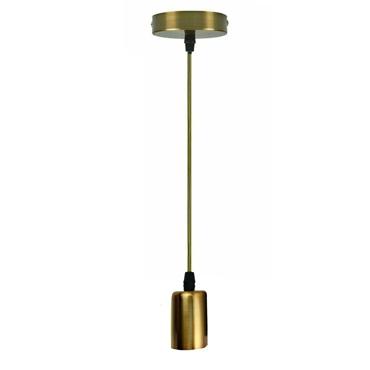 Yellow brass E27 suspension light with metal lamp holder and ceiling pendant base against white background
