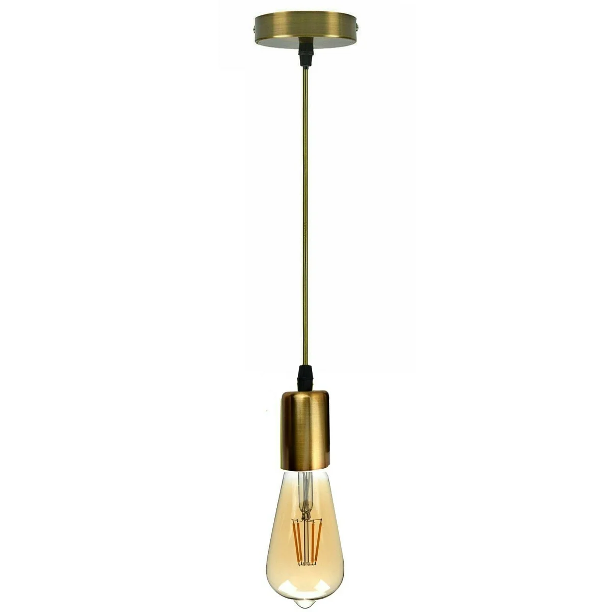 Yellow brass pendant light fitting with E27 socket and 95 cm cord, designed for ceiling suspension lighting.