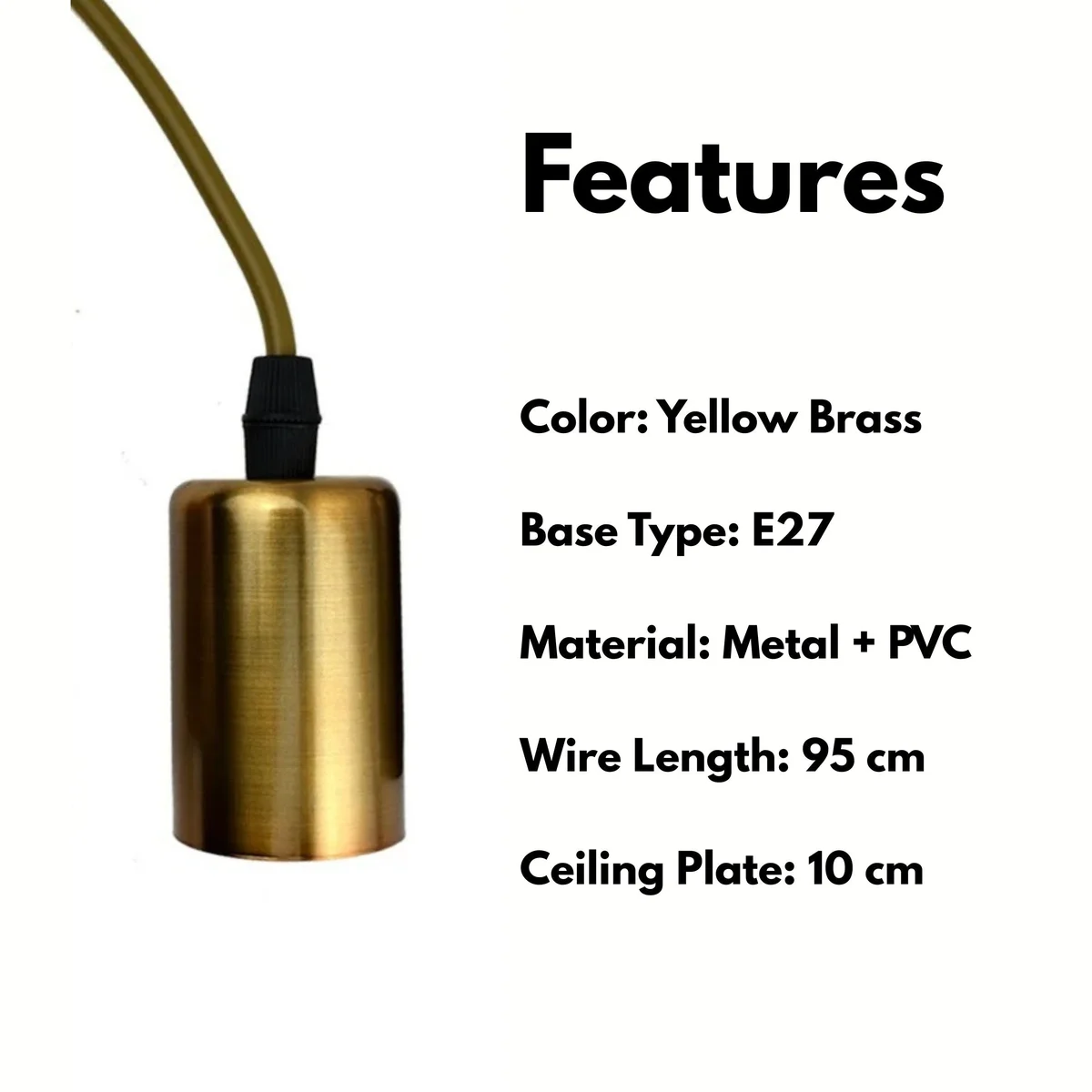 Yellow brass E27 lamp base pendant with metal holder and ceiling plate, 95 cm wire for suspension lighting setup