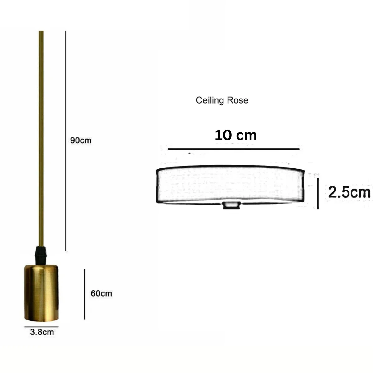 Yellow brass vintage ceiling light with E27 fitting and 95cm wire, shown hanging against a white background