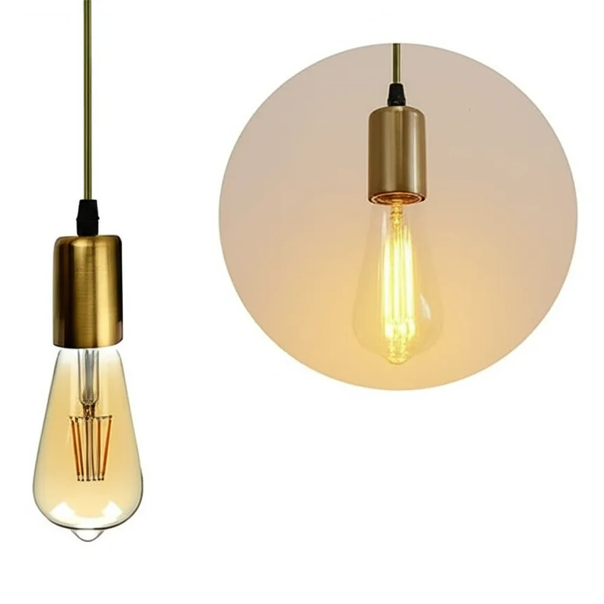 Yellow brass vintage ceiling light with E27 fitting, metal pendant holder and 95cm PVC wire hanging from ceiling plate