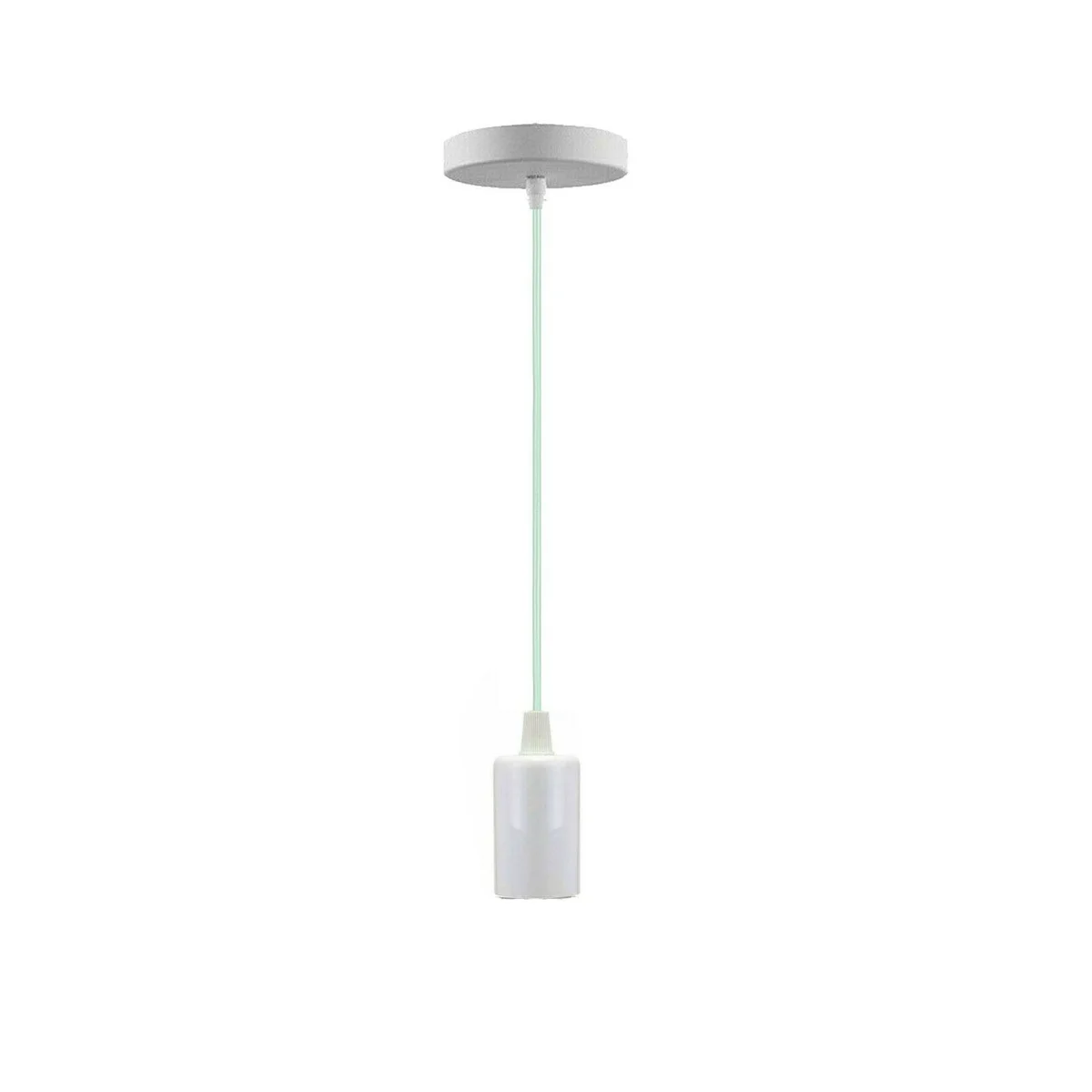 White metal pendant lamp base with E27 fitting, PVC wire, and ceiling plate for suspension lighting installation