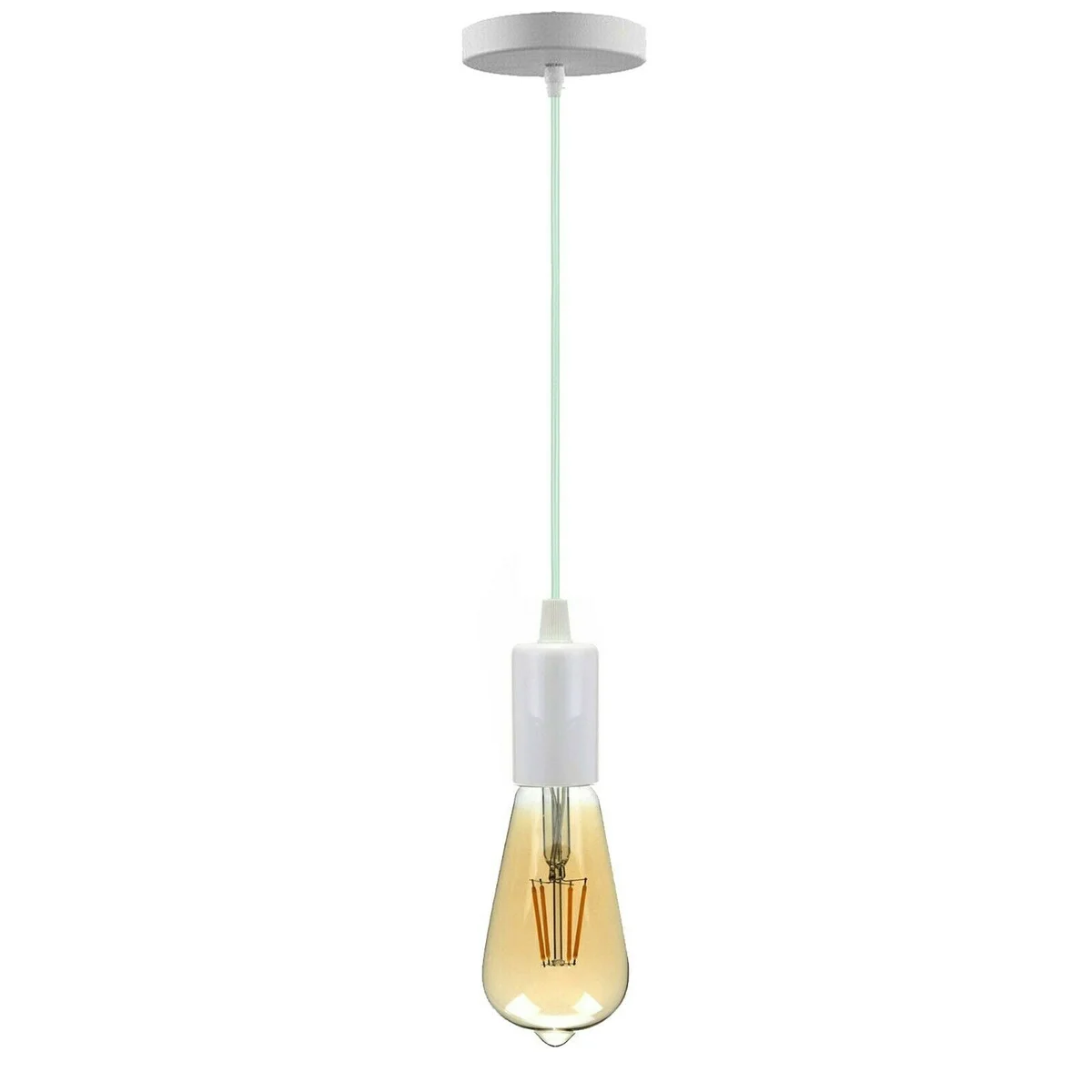 White vintage E27 lamp holder fitting suspension light base with metal and PVC parts and 95cm cord hanging against white background