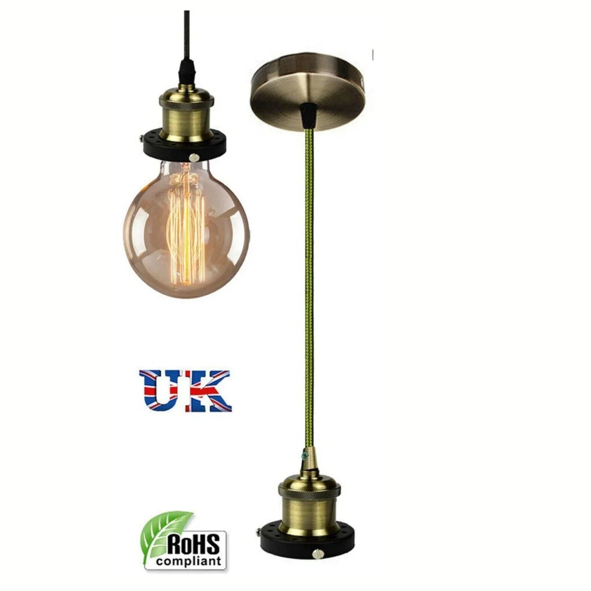 Vintage green brass easy install pendant lamp with adjustable 2m cord and metal fabric wire, no bulb included, shown hanging