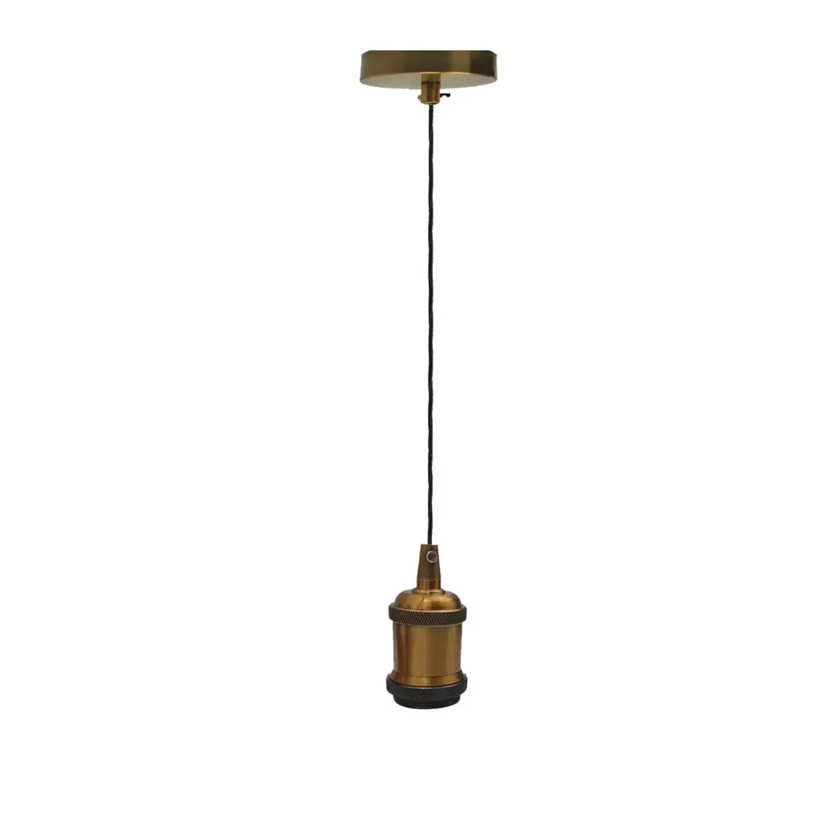 Industrial style pendant light with 1m twisted fabric cable and polished yellow brass E27 lamp holder hanging against white background