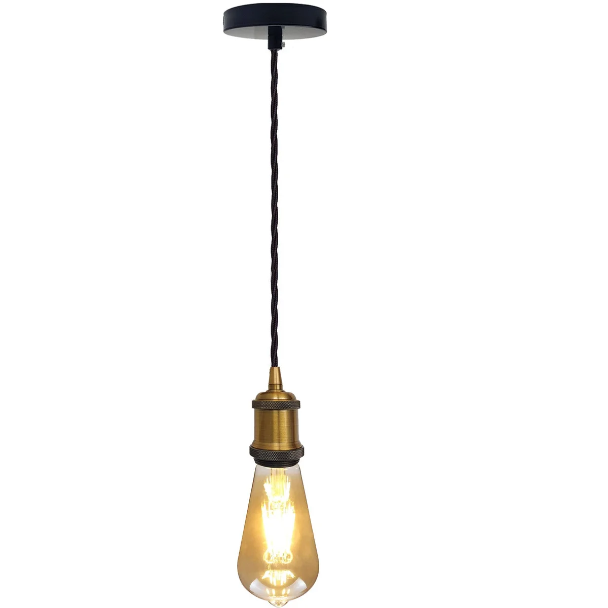 Vintage pendant light with 1m twisted yellow brass E27 holder, matching ceiling rose, and fabric cable on white background