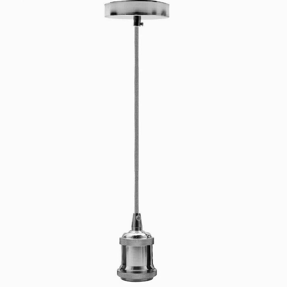 Chrome pendant light fitting with polished vintage style holder, 90cm fabric cable, and matching ceiling rose accessory