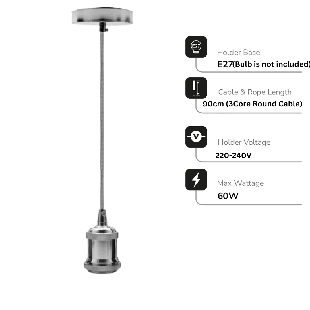 Chrome vintage ceiling rose with polished pendant light holder and 90cm fabric cable for E27 bulb fitting