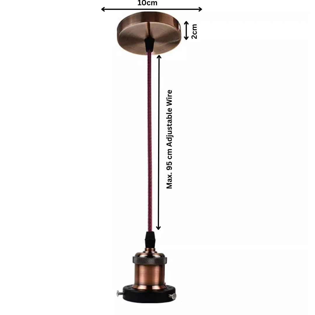 Vintage copper E27 bulb pendant with braided fabric cord and ceiling rose, 1 meter length, polished finish