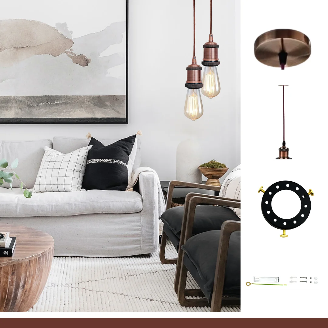 Vintage copper pendant light with braided fabric flex light and 1 meter cord hanging against white background