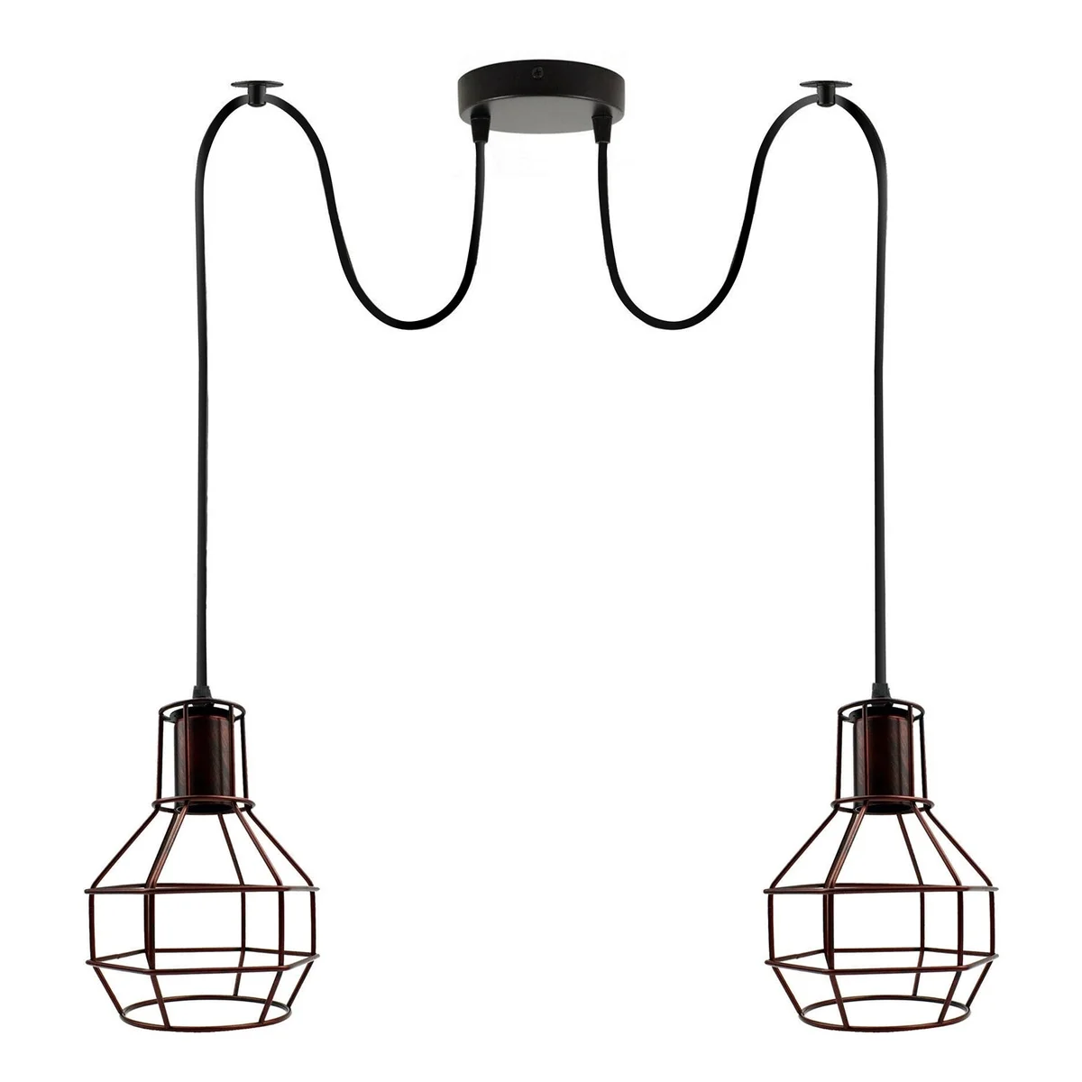 Rustic red industrial nest cage dimmable pendant light with two wire cages and pulley design hanging from ceiling rose