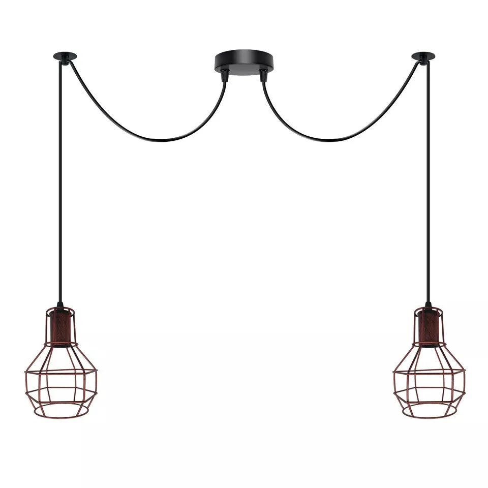 Rustic red industrial pendant light with two nest-shaped metal cages and pulley design, shown hanging from ceiling rose