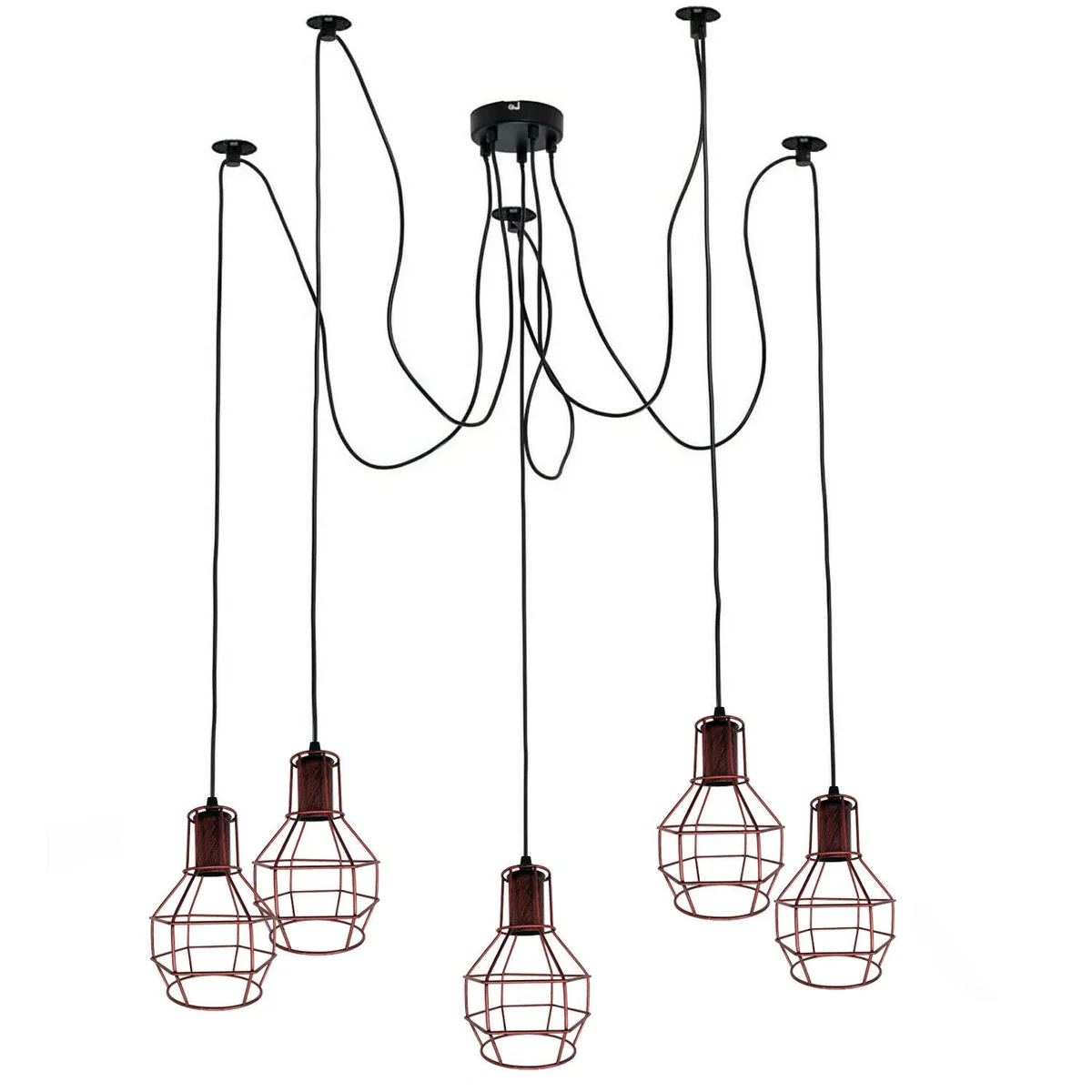 Vintage industrial ceiling light with five adjustable metal cage pendant lamps hanging from round ceiling base