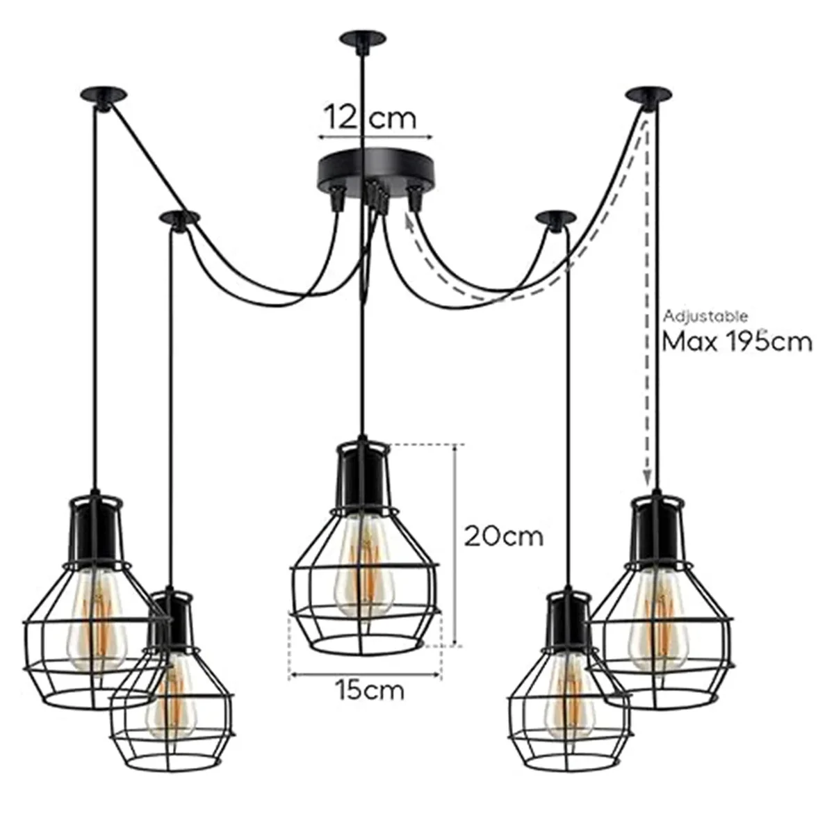Vintage industrial adjustable pendant lamp with five metal cage shades hanging from a round ceiling base