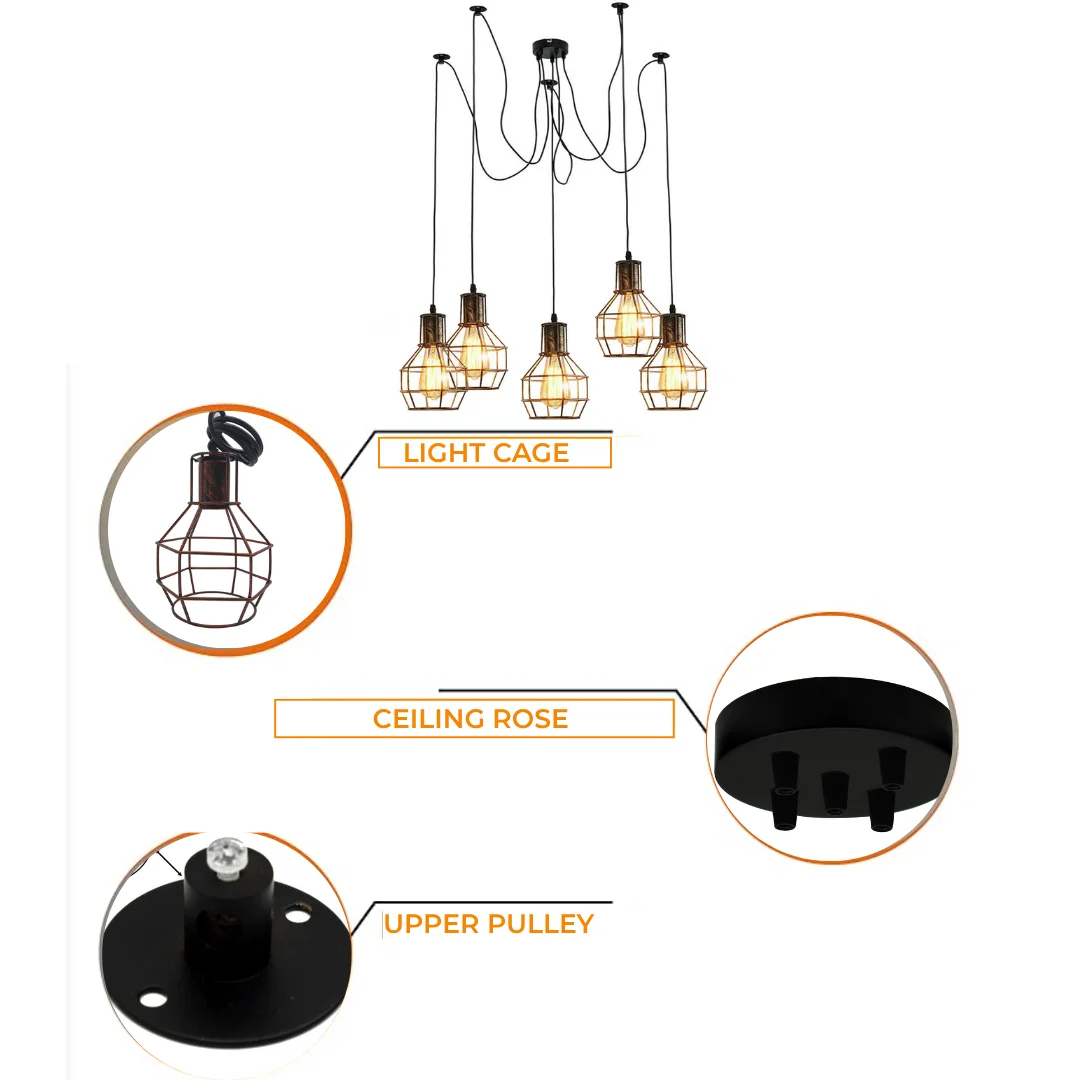 Vintage industrial spider pendant lighting with five adjustable metal cage lampshades hanging from a round ceiling base