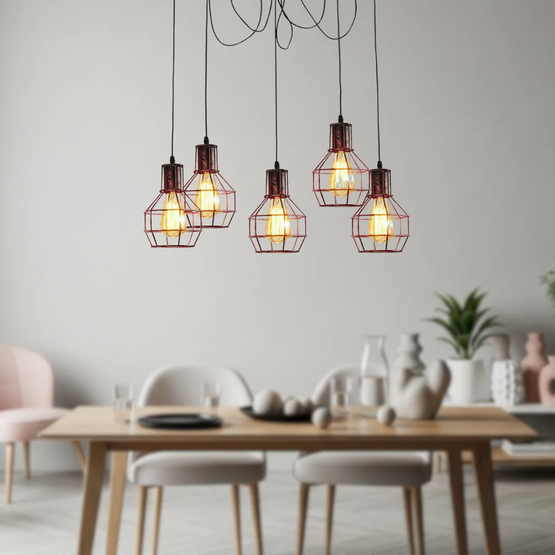 Vintage industrial 5 head pendant light with adjustable metal cage shades, designed for E27 bulb pendant fitting, ceiling mounted