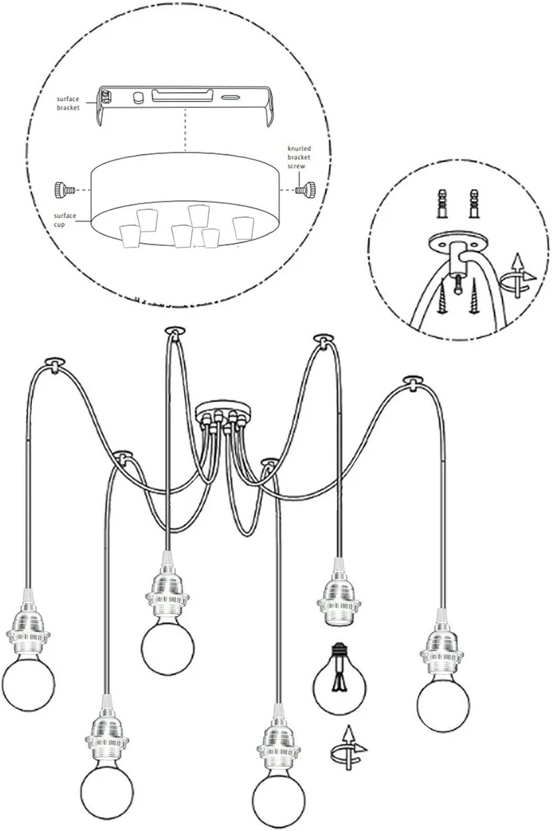 Vintage pendant light with five adjustable metal cage lampshades hanging from a round ceiling base in industrial style