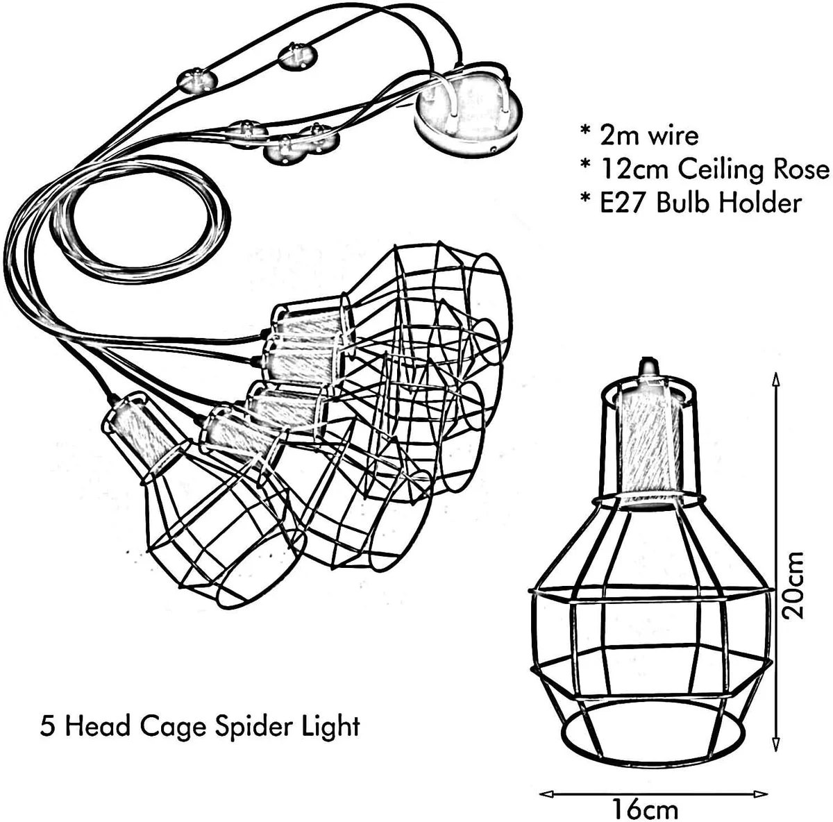 Vintage pendant light with five adjustable metal cage shades hanging from a round ceiling base in industrial style