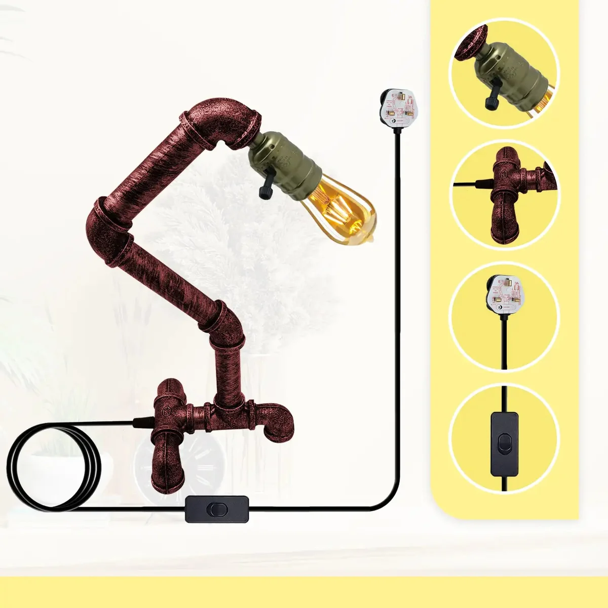 Rustic red water pipe lamp with dual switches, metal pipes, weighted base, and industrial steampunk design on desk