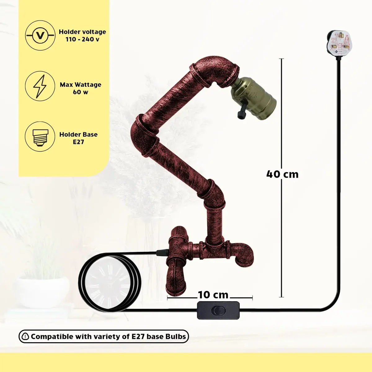 Rustic red steampunk vintage task light with industrial water pipe design and dual on/off switch on metal base