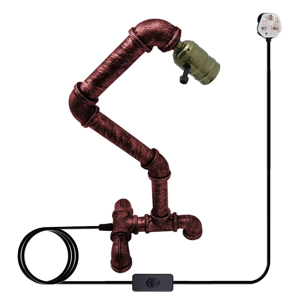 Rustic red steampunk dual switch lamp with metal water pipe design and weighted base on wooden surface