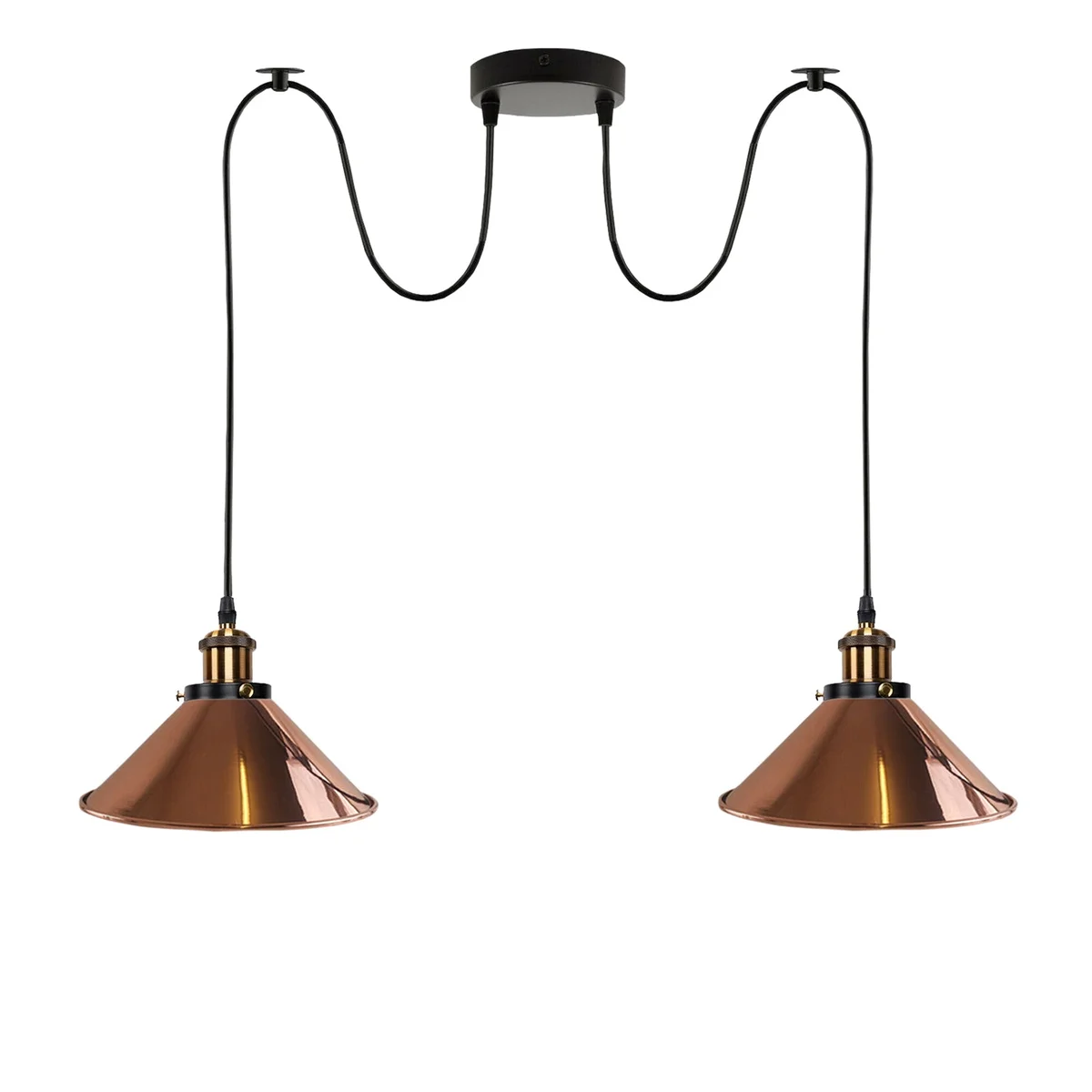 Rose gold retro ceiling lamp with two industrial-style E27 pendant lights and metal shades hanging from ceiling plate