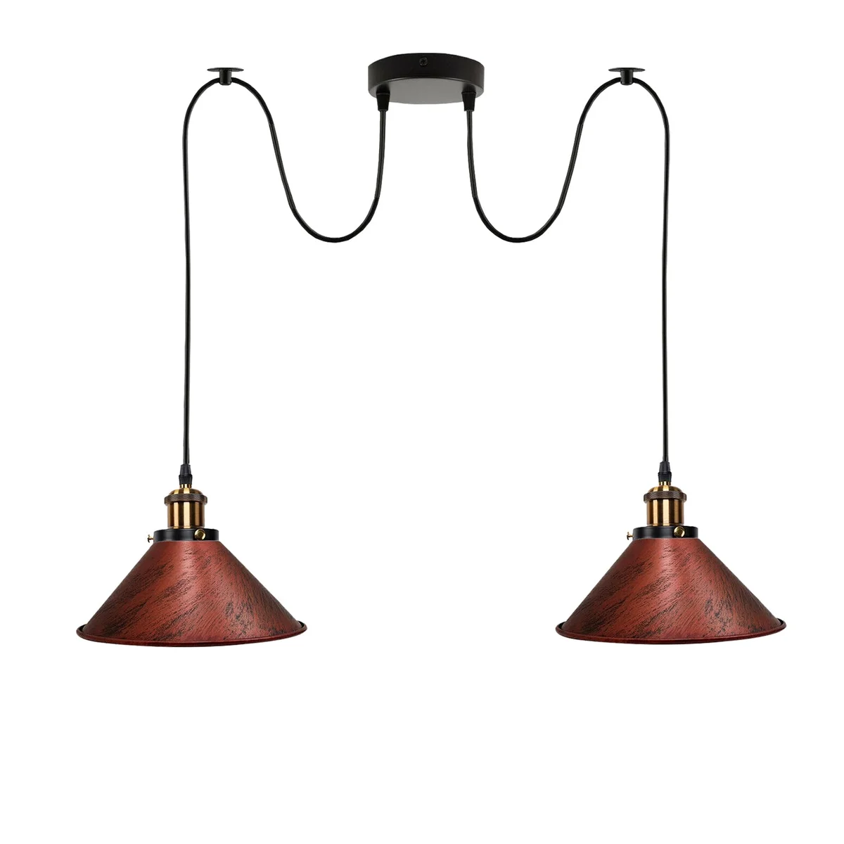 Rustic red 2 way hanging lamp with two industrial metal shades and long PVC cables for ceiling installation