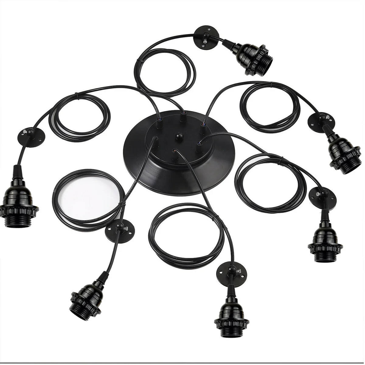 Black retro industrial spider chandelier with six light cages and E27 bulb chandelier design hanging from ceiling rose