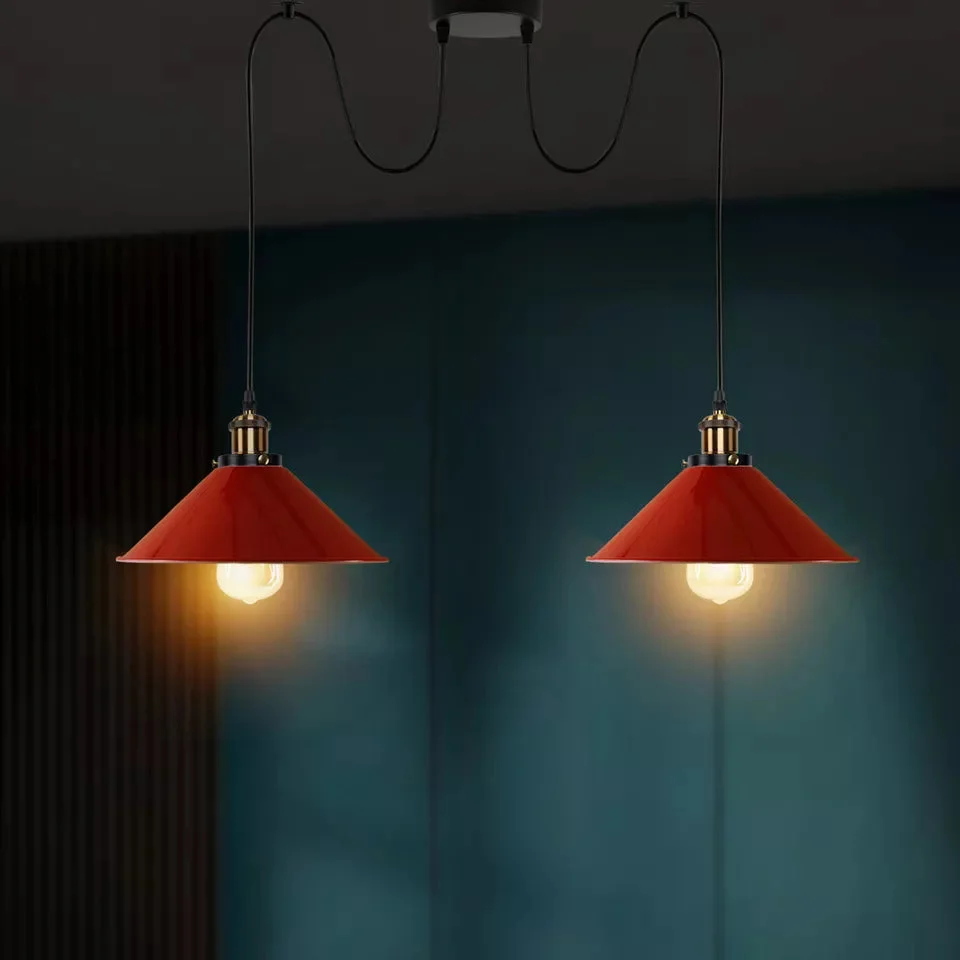 Red retro industrial ceiling lamp with two metal cage shades and adjustable hanging cables, E27 bulb holders included