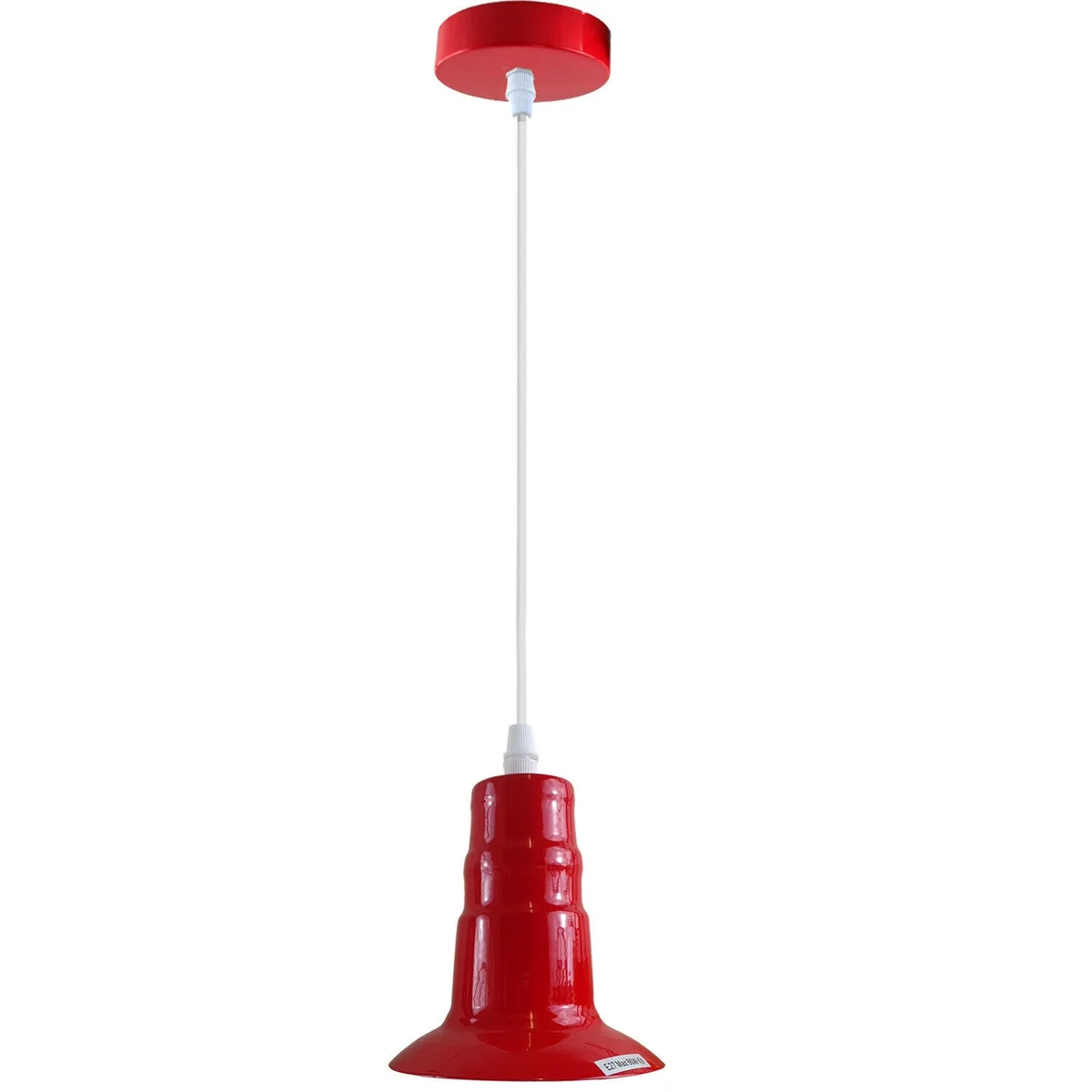 Red industrial pendant lamp with metal and PVC construction, E27 bulb holder, and 95cm red wire hanging from ceiling plate